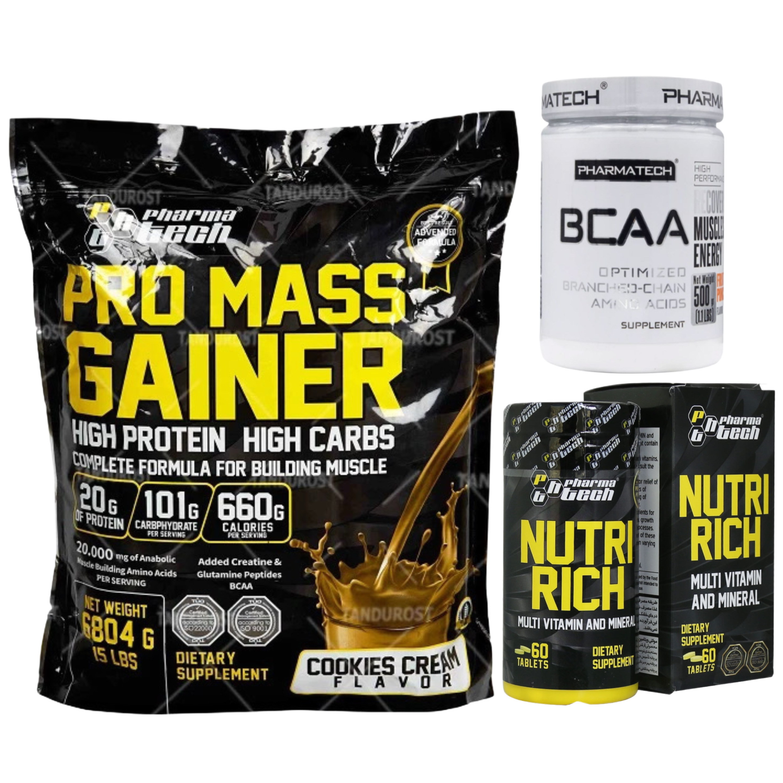 پودر پرو مس گینر فارماتک  و قرص مولتی ویتامین نوتری ریچ فارماتک و پودر بی سی ای ای فارماتک لیمو