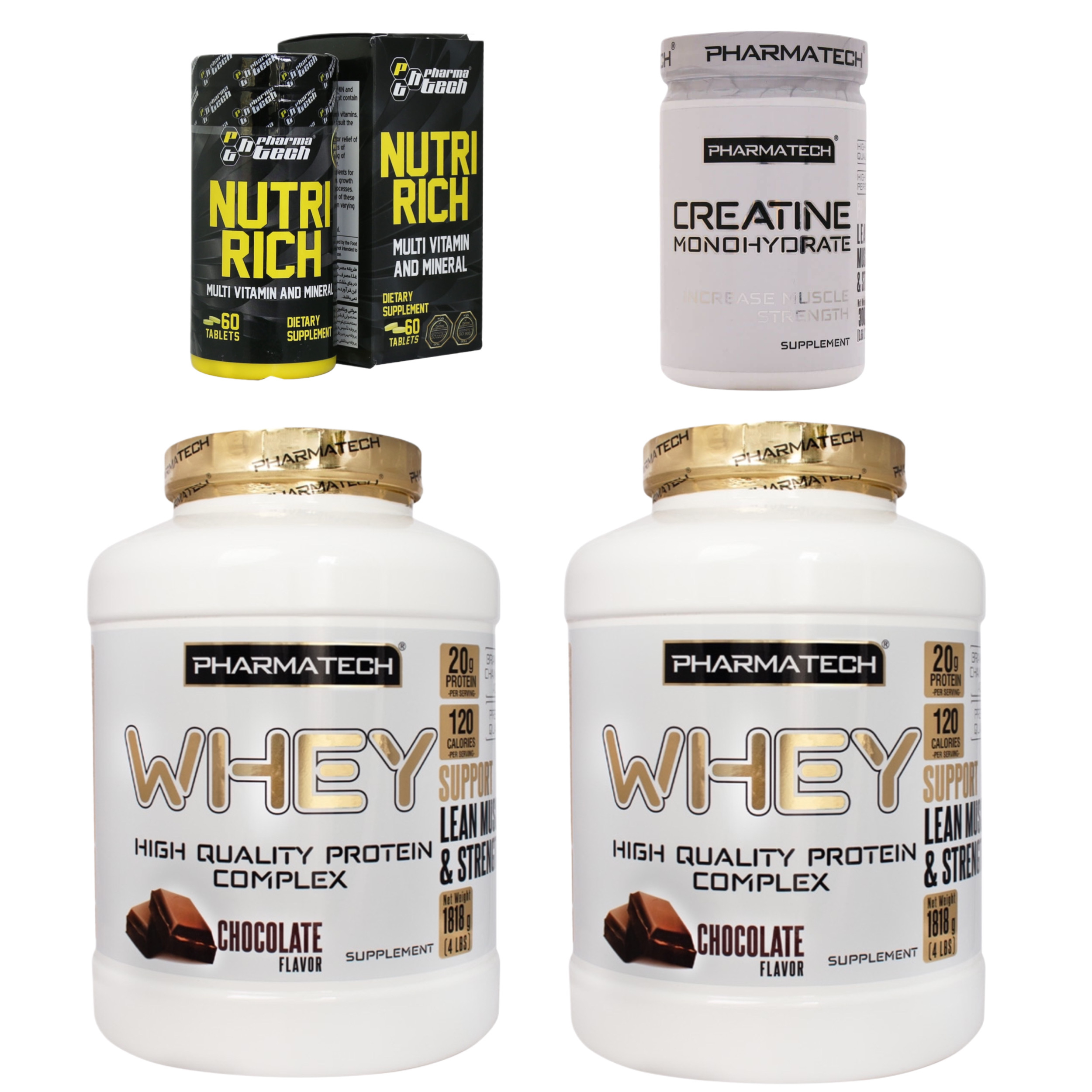 پروتئین وی فارماتک - 1818 گرم بسته 2 عددی به همراه کراتین مونوهیدرات فارماتک - 300 گرم به همراه مولتی ویتامین فارماتک- بسته 60 عددی