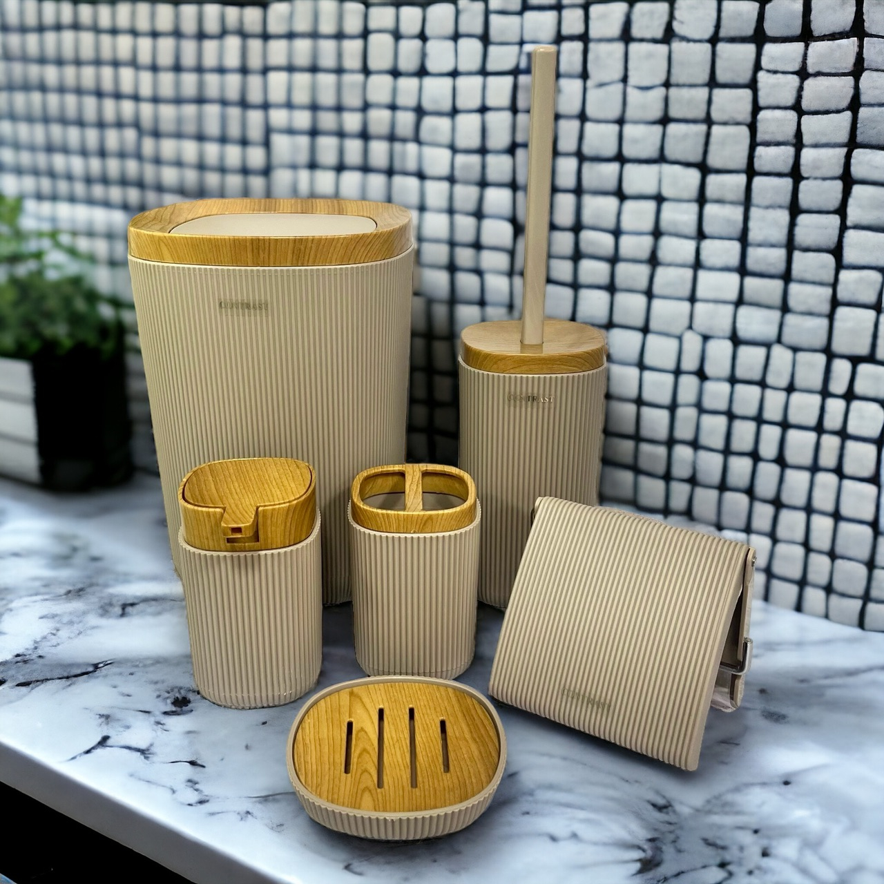 ست سرویس بهداشتی 6 پارچه کنتراست مدل روما شیاردار چوب