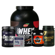 پودر پروتئین با طعم شکلات کاله پرو – 1800 گرم به همراه پودر کراتین آیرون مکس – 250 گرم به همراه پودر ال گلوتامین 6000 کیو ان تی – 500 گرم به همراه پودر آمینو EAA گلد کر لاین ترک نوتریشن – 300 گرم به همراه ساشه منیزیم 300 میلی گرمی یوهلث بسته 20 عددی