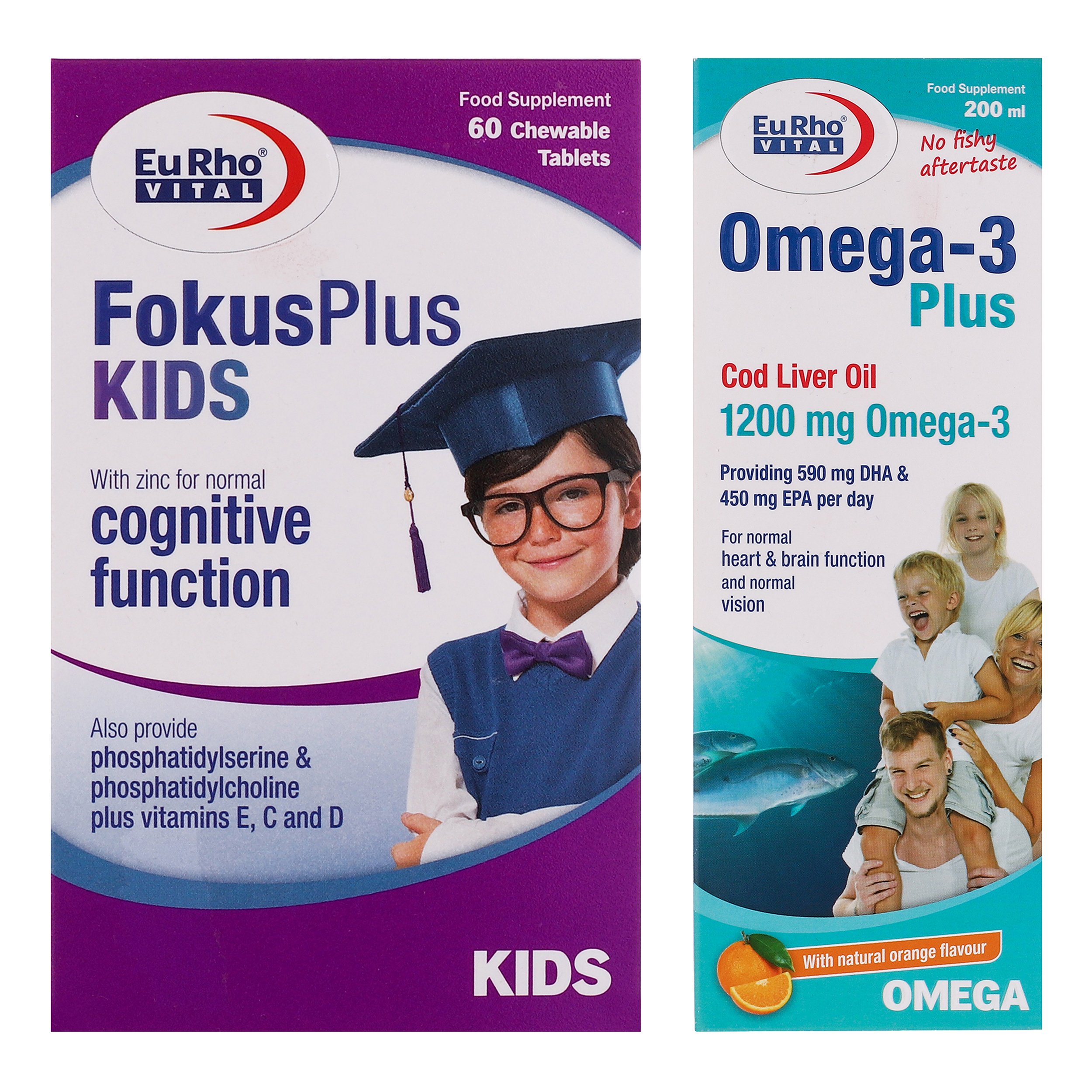 شربت امگا 3 پلاس یوروویتال 200 میلی لیتر به همراه قرص فوکوس پلاس کیدز یوروویتال بسته 60 عددی