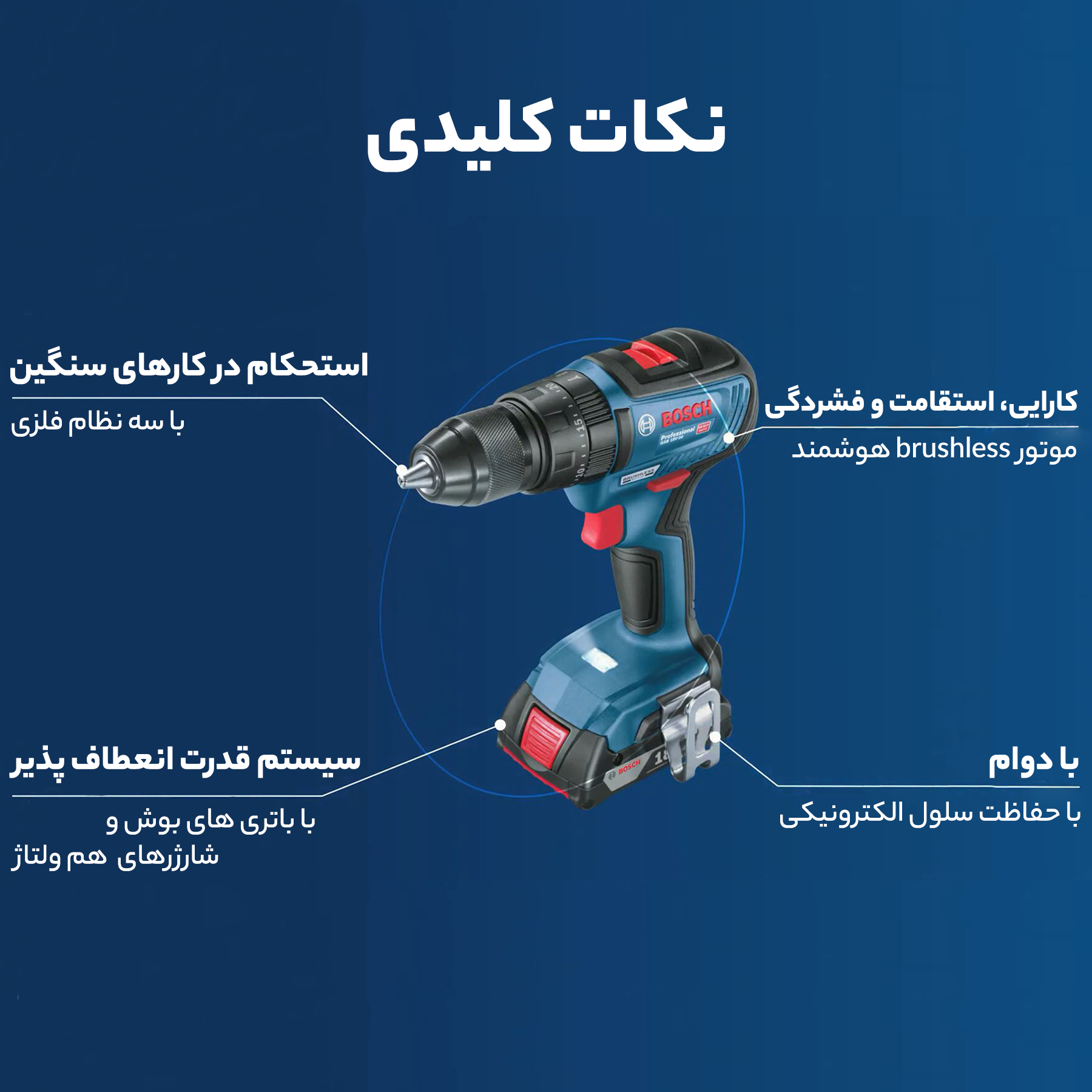 پیچ گوشتی شارژی چکشی بوش مدل فوق حرفه ای GSB 18V-50 Brushless + Extra