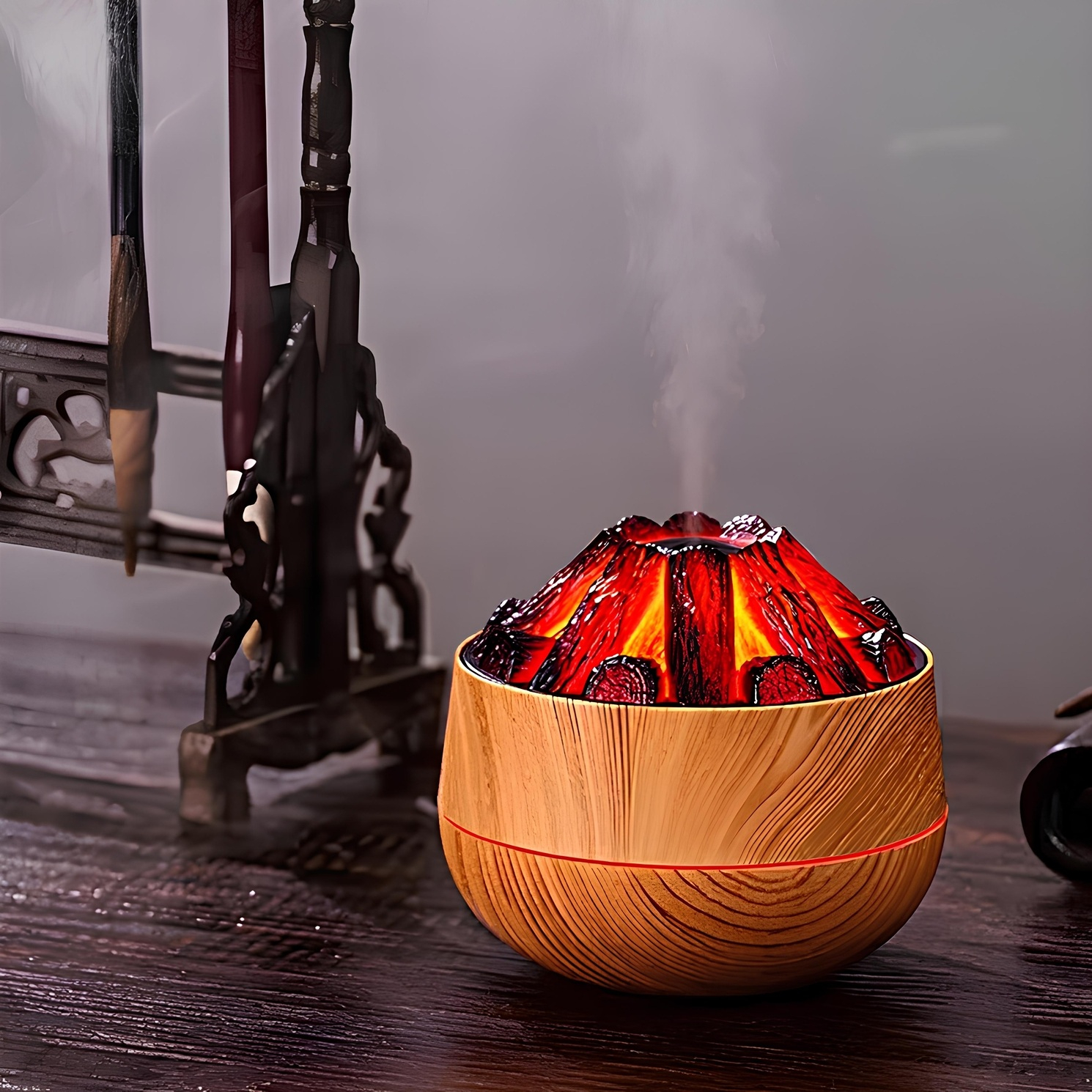 دستگاه بخور سرد مدل شومینه طرح هیزم کد +LED-Plus