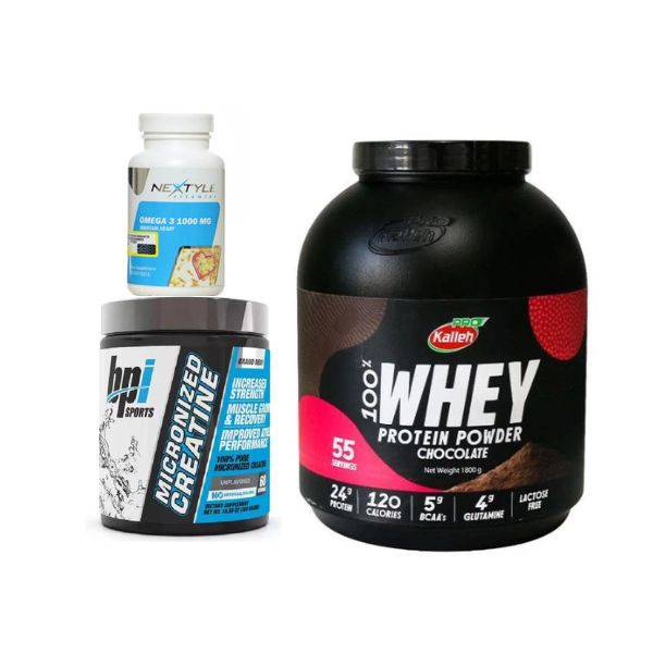 پودر پروتئین شکلات کاله پرو - 1800 گرم به همراه پودر کراتین میکرونایز بی پی آی - 300 گرم به همراه سافت ژل امگا 3 1000 میلی گرمی نکستایل ویتامینز بسته 60 عددی