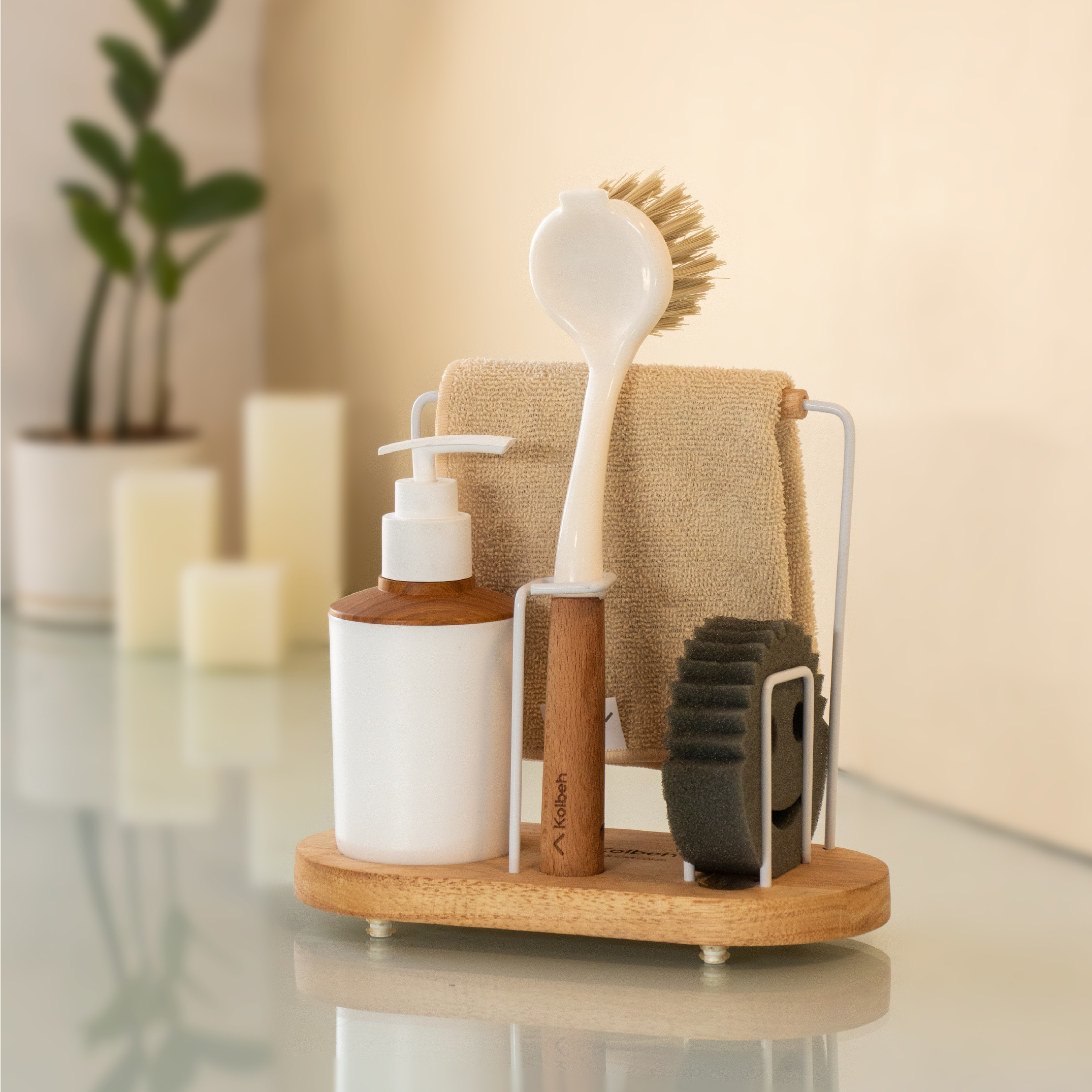 مخزن مایع ظرفشویی کلبه مدل استند دار به همراه فرچه، اسکاچ و دستمال نظافت