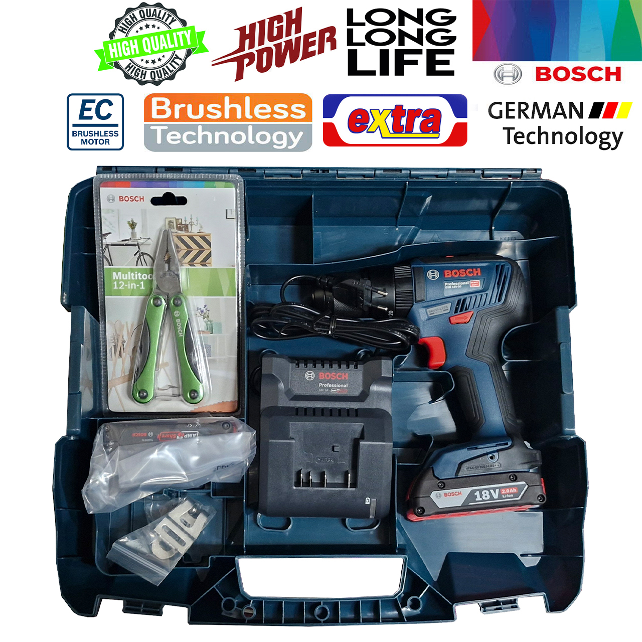 پیچ گوشتی شارژی چکشی بوش مدل فوق حرفه ای GSB 18V-50 Brushless + Extra