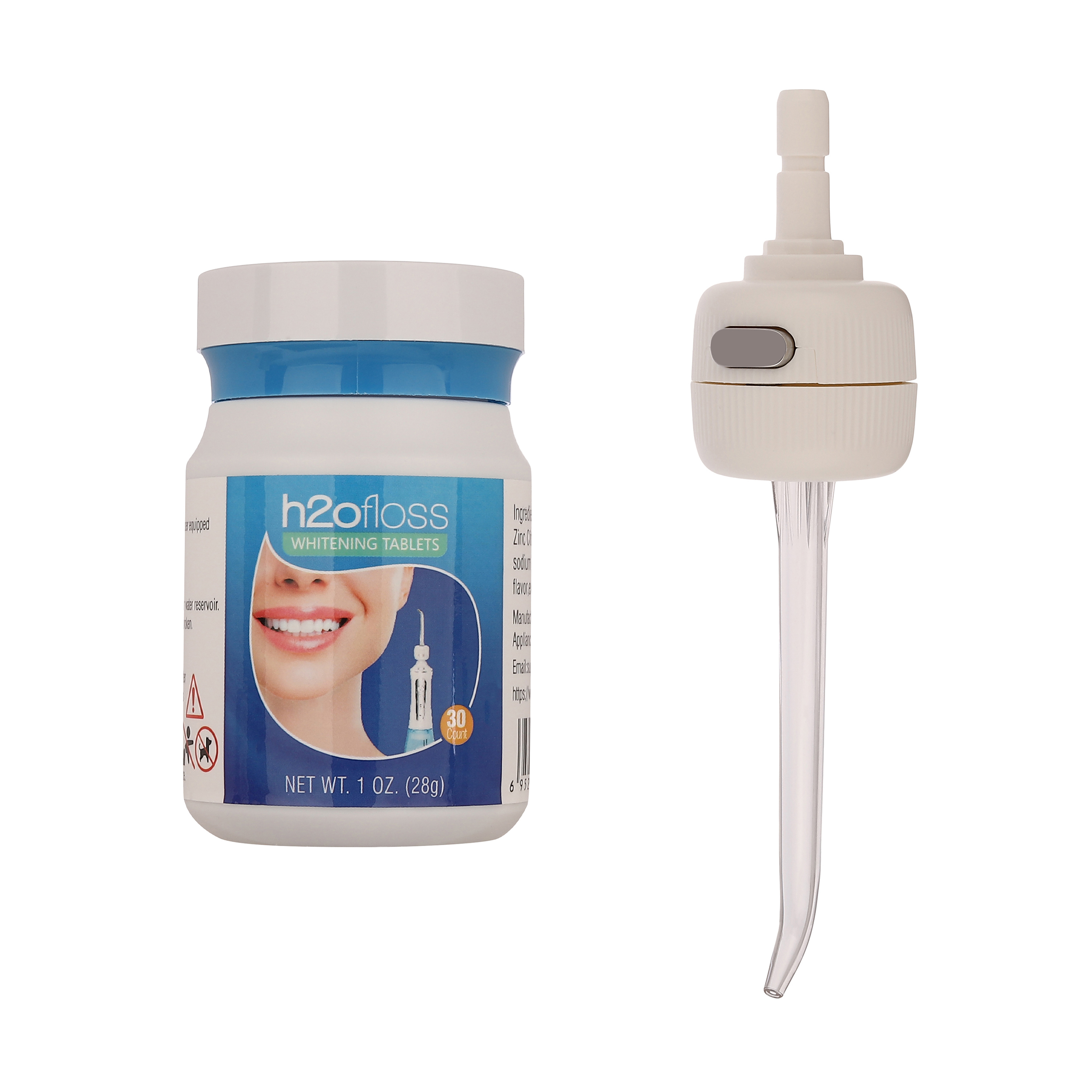 سری یدک دستگاه شست و شوی دهان و دندان اچ تو اوفلس مدل Whitening به همراه قرص سفید کننده دندان اج تو افلس بسته 30 عددی