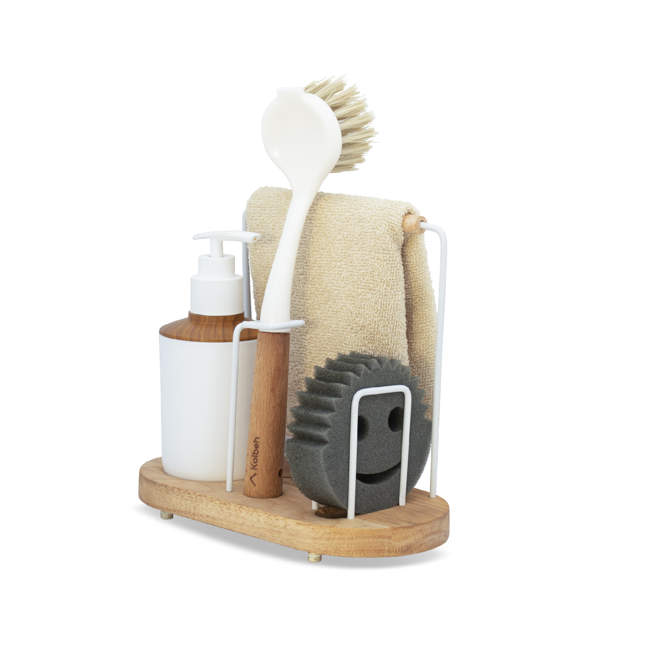 مخزن مایع ظرفشویی کلبه مدل استند دار به همراه فرچه، اسکاچ و دستمال نظافت