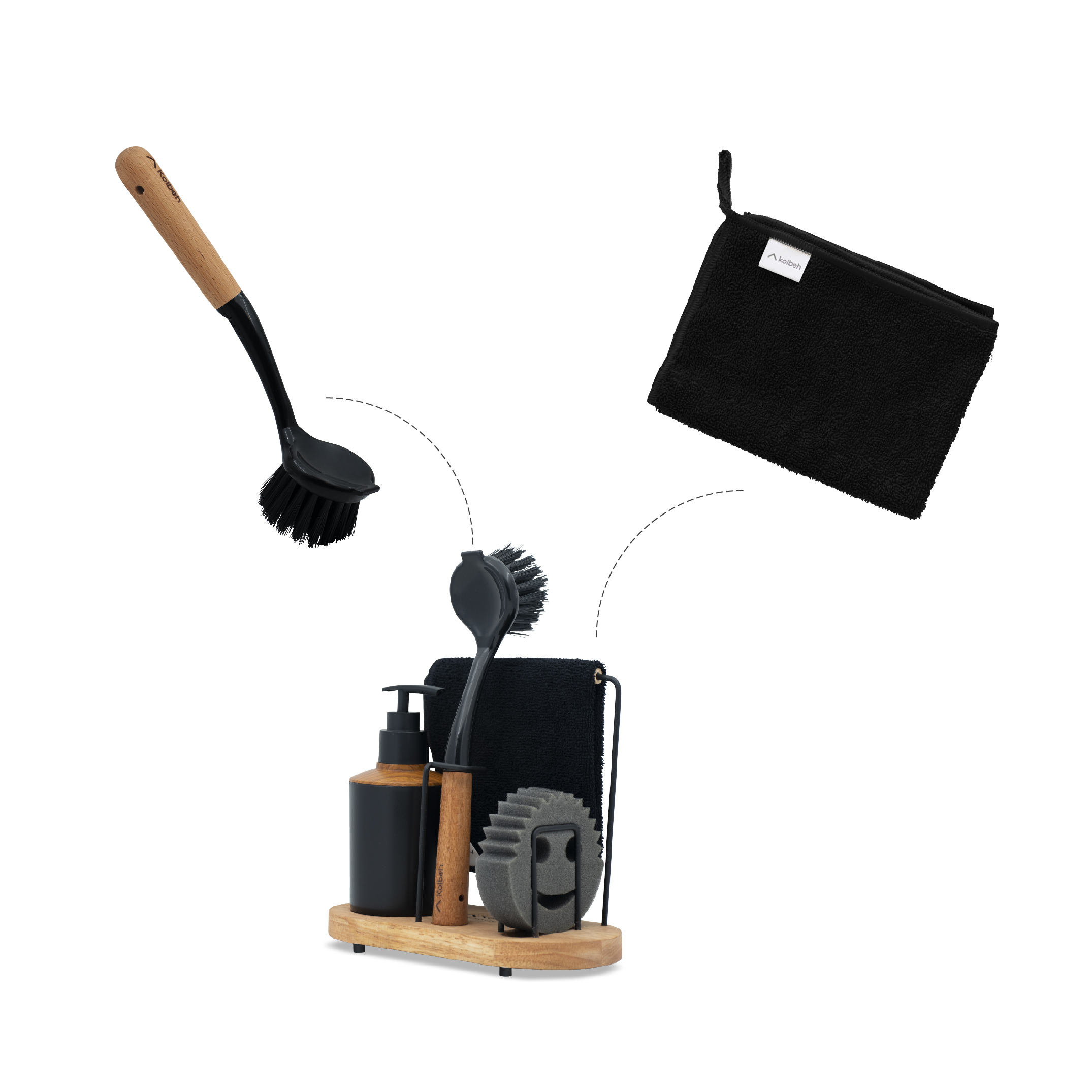 مخزن مایع ظرفشویی کلبه مدل استند دار به همراه فرچه، اسکاچ و دستمال نظافت