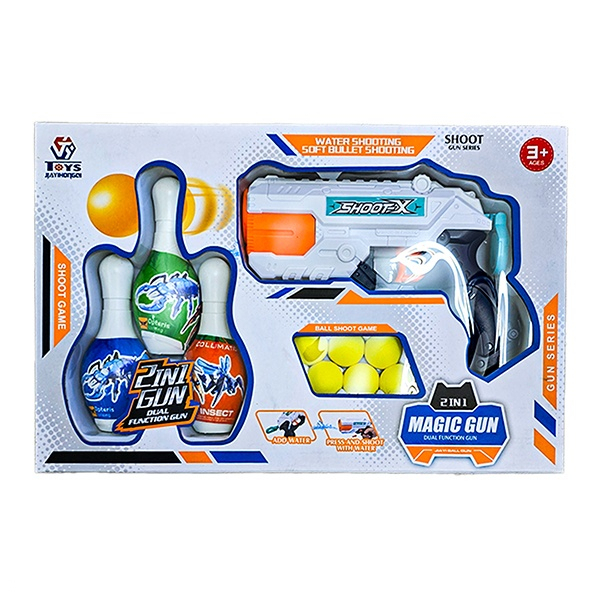 تفنگ اسباب بازی دوکاره آبپاش و پرتاب توپ با بولینگ کد A007