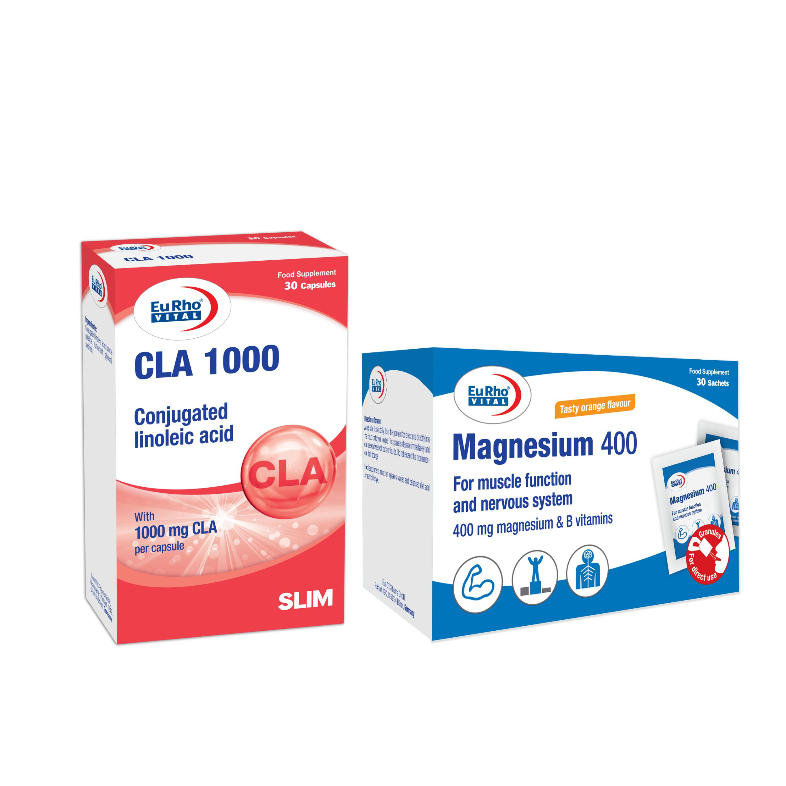 ساشه منیزیم 400 میلی گرم یوروویتال بسته 30 عددی به همراه کپسول سی ال ای 1000 میلی گرم یوروویتال بسته 30 عددی