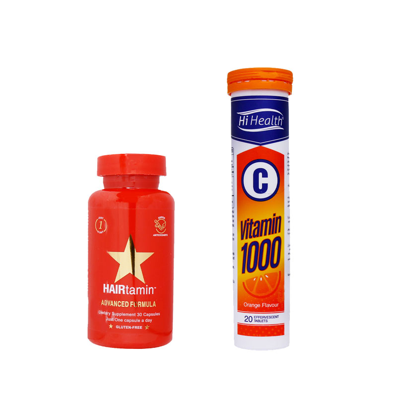 کپسول هیرتامین ضد ریزش 30 عددی و قرص جوشان ويتامين ث 1000 های هلث بسته 20 عددی