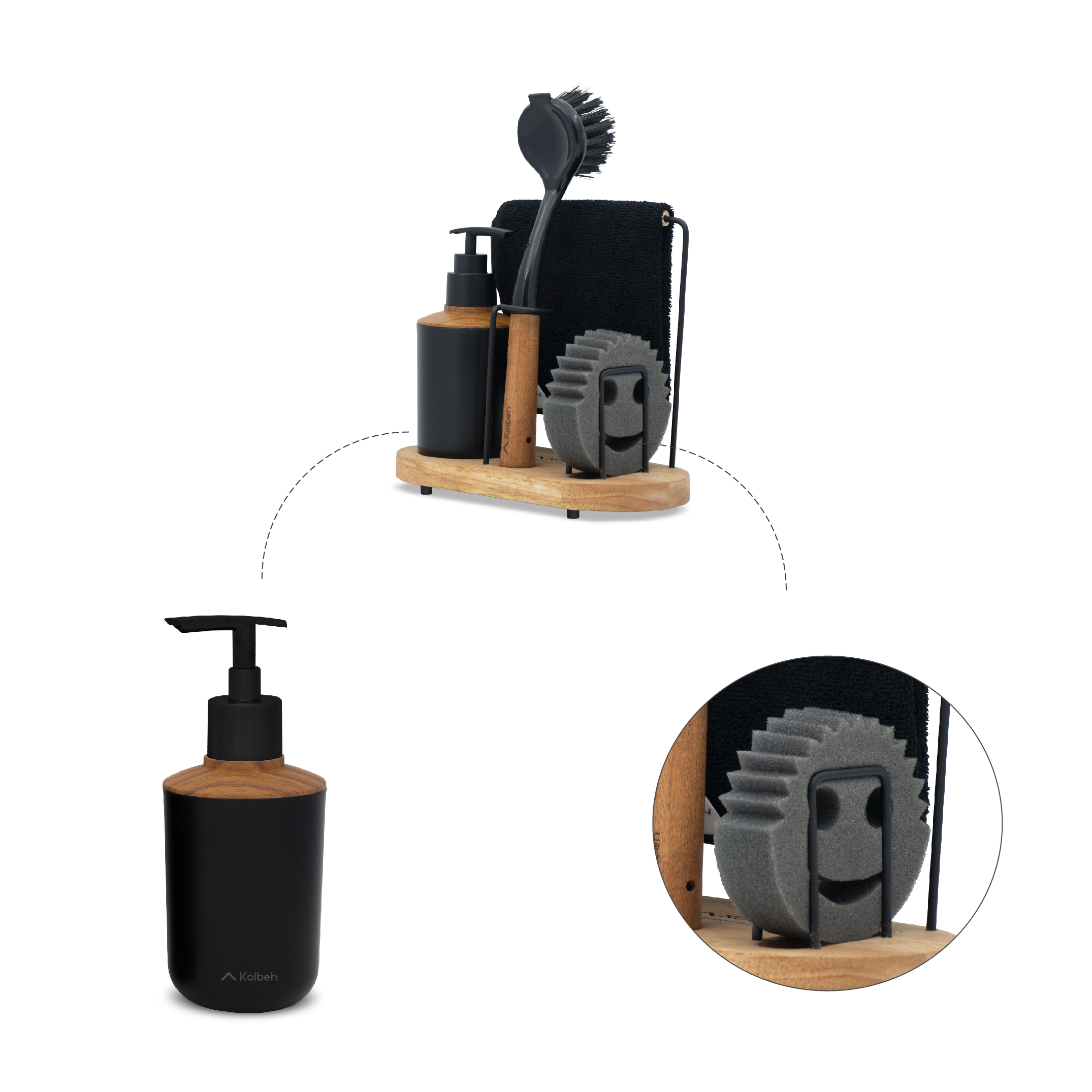 مخزن مایع ظرفشویی کلبه مدل استند دار به همراه فرچه، اسکاچ و دستمال نظافت