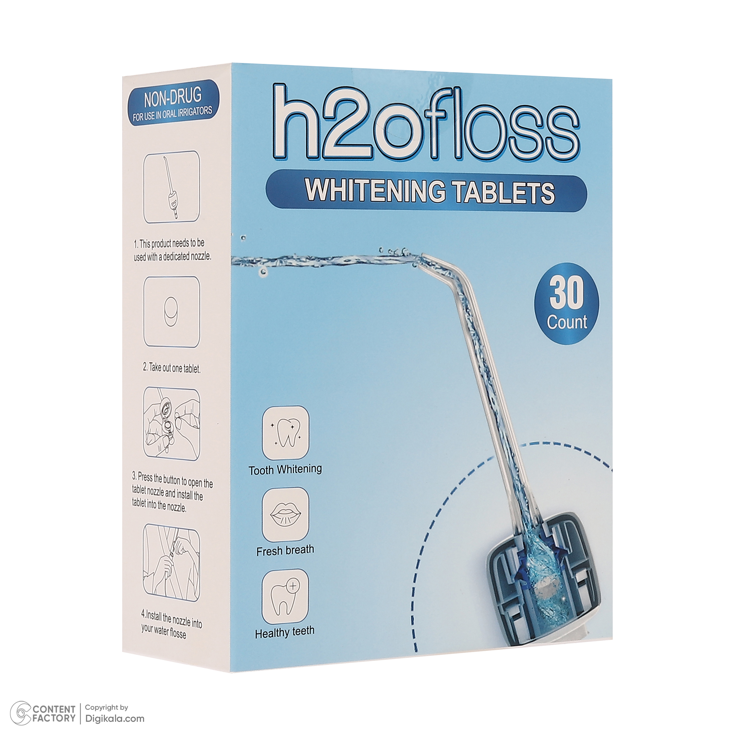 سری یدک دستگاه شست و شوی دهان و دندان اچ تو اوفلس مدل Whitening به همراه قرص سفید کننده دندان اج تو افلس بسته 30 عددی
