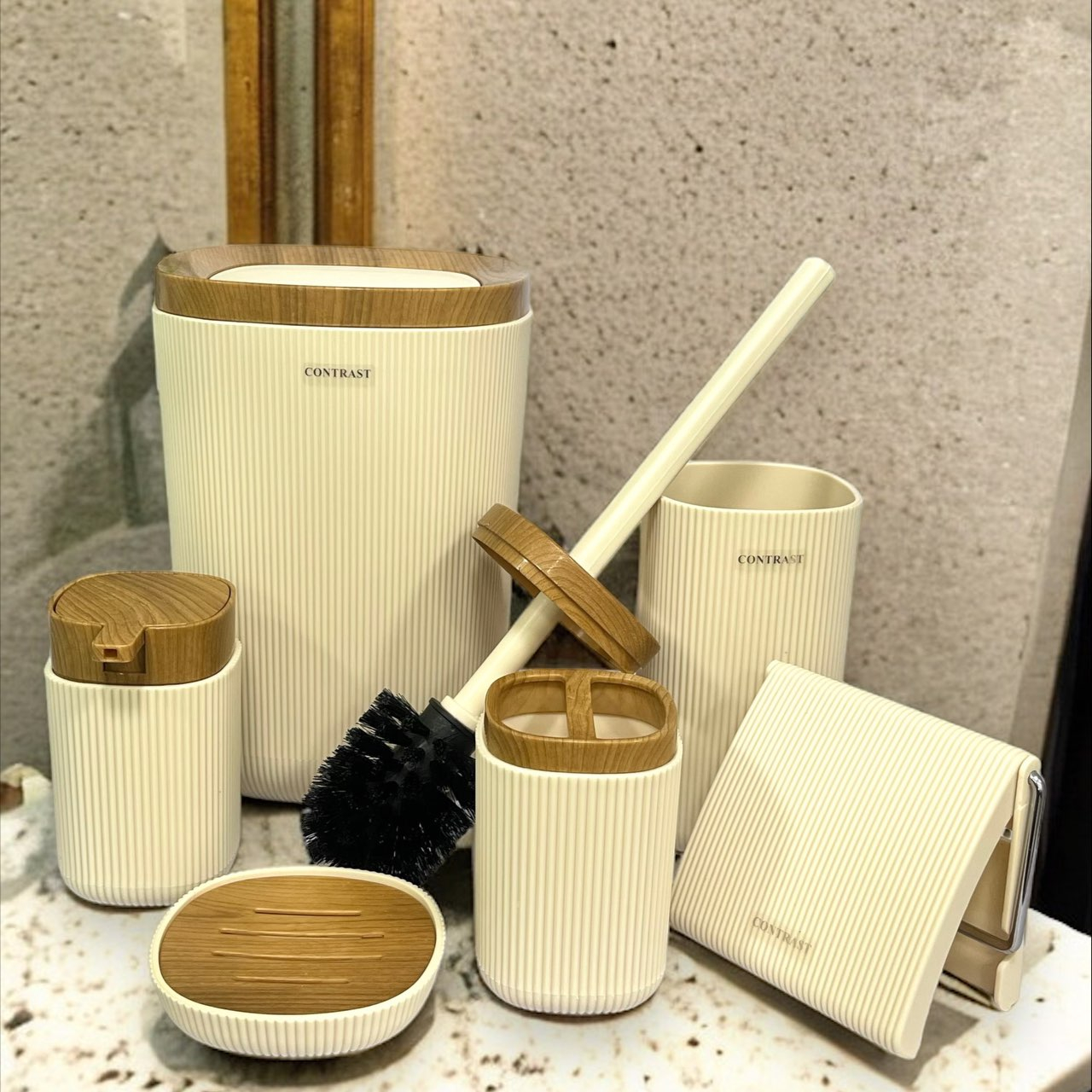 ست سرویس بهداشتی 6 پارچه کنتراست مدل روما شیاردار چوب