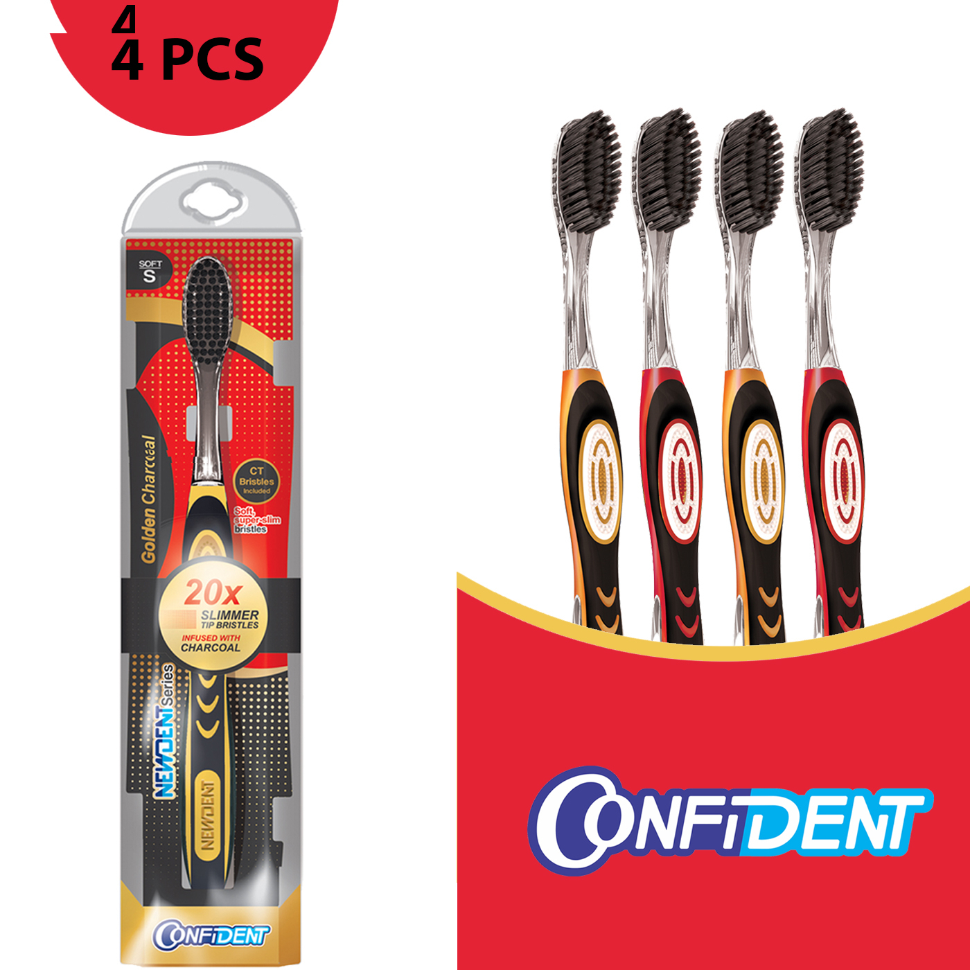 مسواک کانفیدنت مدل Golden Charcoal با برس خیلی نرم مجموعه 4 عددی