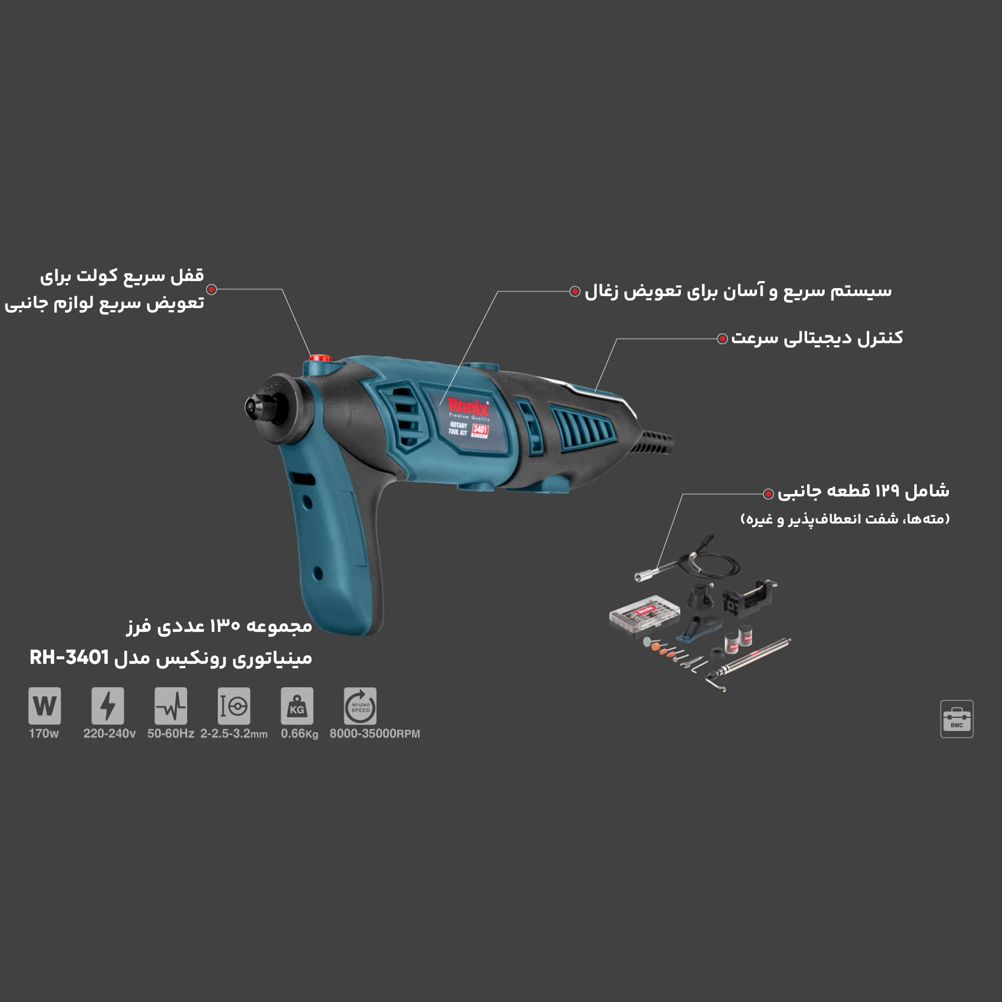 مجموعه 130 عددی فرز مینیاتوری رونکیس مدل 3401RH