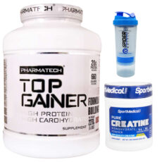 پودر تاپ گینر فارماتک – 2270 گرم به همراه کراتین مونوهیدرات اسپرت مدیکال – 300 گرم به همراه شیکر