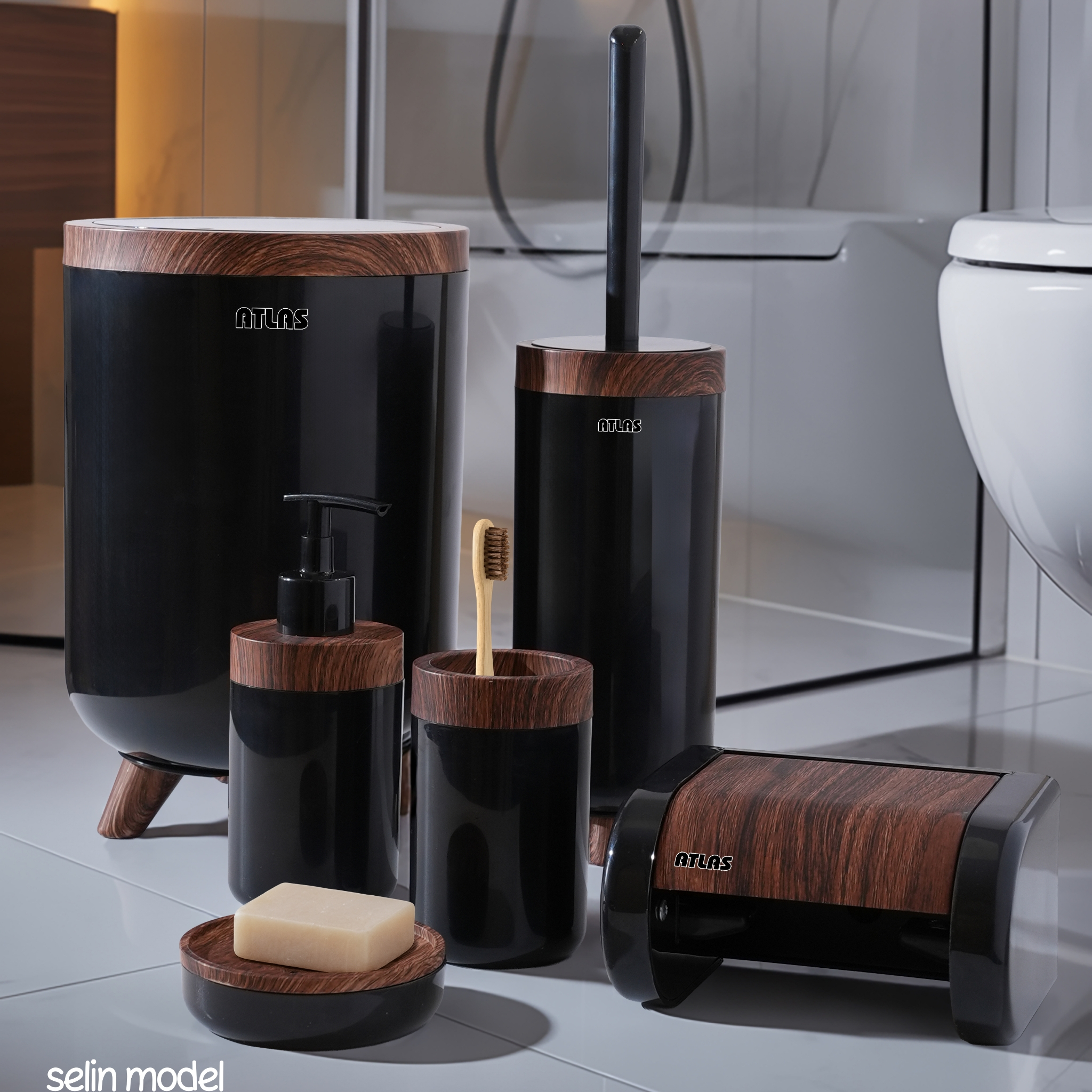 ست سرویس بهداشتی 6 تکه اطلس مدل سلین طرح چوب