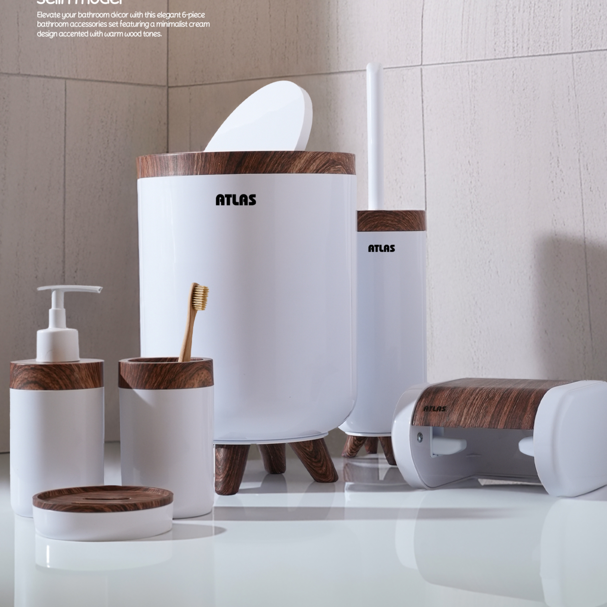 ست سرویس بهداشتی 6 تکه اطلس مدل سلین طرح چوب