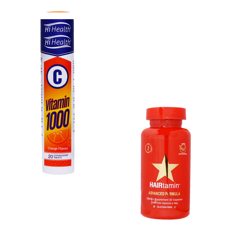 کپسول هیرتامین ضد ریزش 30 عددی و قرص جوشان ويتامين ث 1000 های هلث بسته 20 عددی