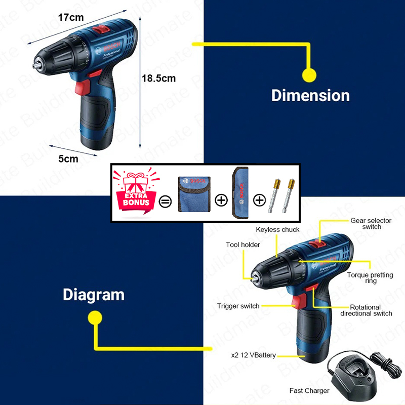 مجموعه بکس و دریل پیچ گوشتی شارژی بوش مدل فوق حرفه ای GDR 120 LI + GSR 120 Li Extra Professional
