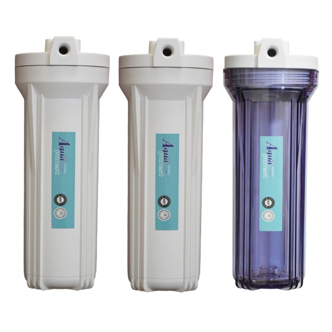 فیلتر دستگاه تصفیه آب آکوا پیورست مدل FL-03 مجموعه 3 عددی به همراه هوزینگ دستگاه تصفیه کننده آب مدل 10INCH مجموعه 3 عددی