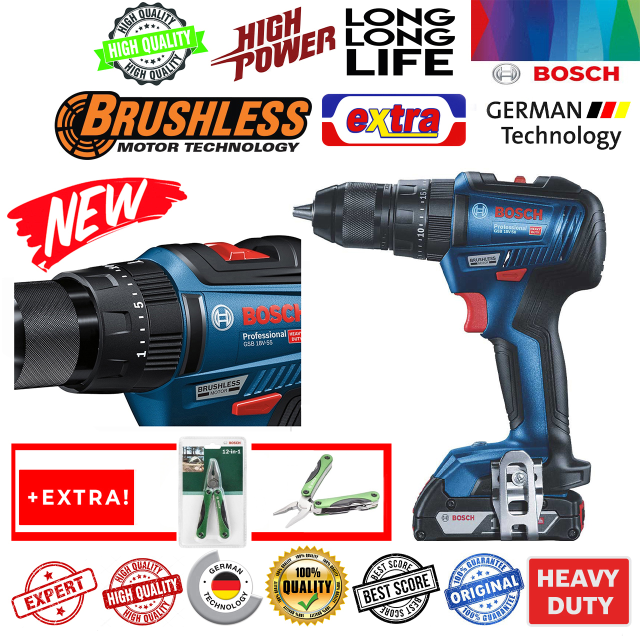 پیچ گوشتی شارژی چکشی بوش مدل فوق حرفه ای GSB 18V-50 Brushless + Extra