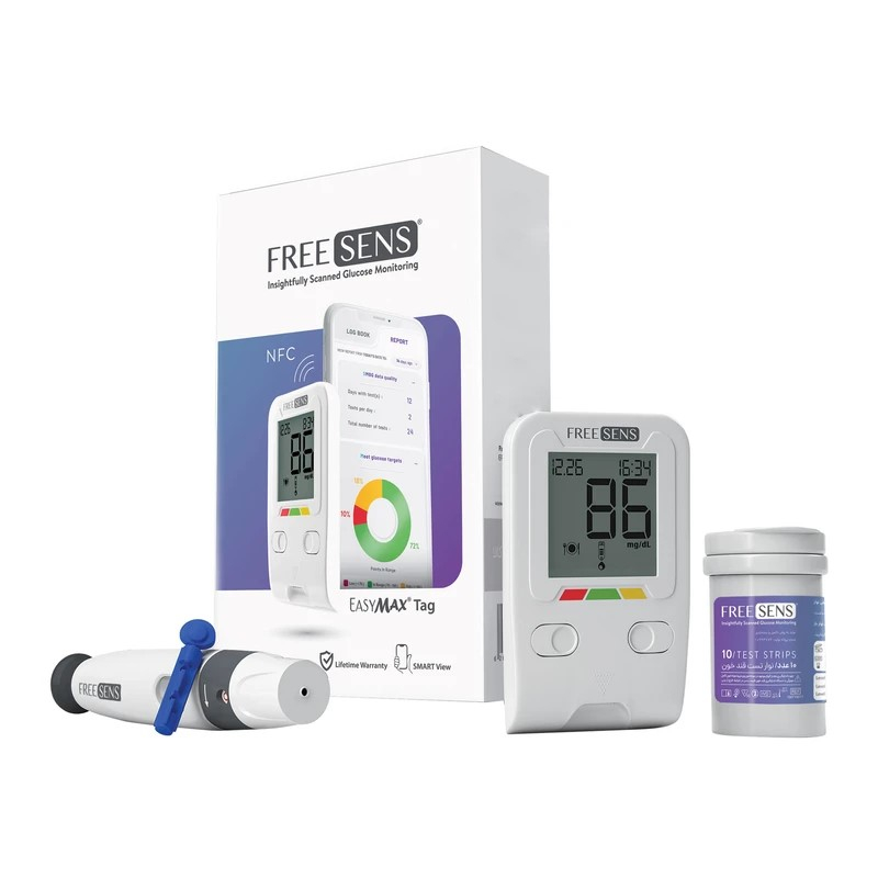 دستگاه تست قند خون فریسنس مدل TAG به همراه قلم و 100 عدد سوزن و 50 عدد نوار تست قند خون