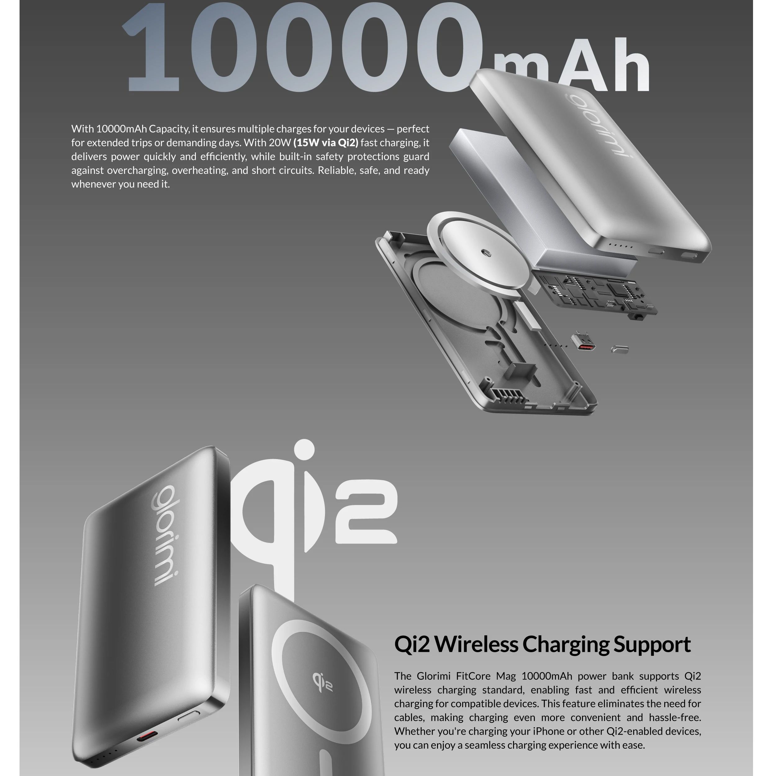 پاوربانک بی‌سیم 15وات گلوریمی مدل FitCore Mag ظرفیت 10000 میلی آمپر ساعت