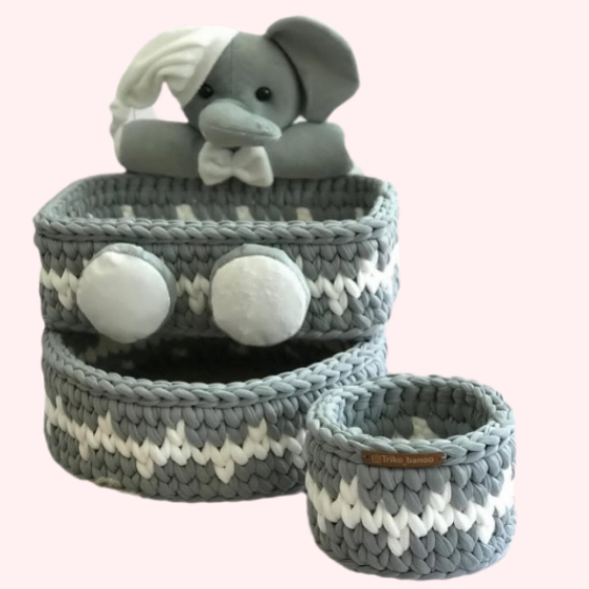 سبد قلاب بافی تریکو طرح فیل کد 2 مجموعه 3 عددی