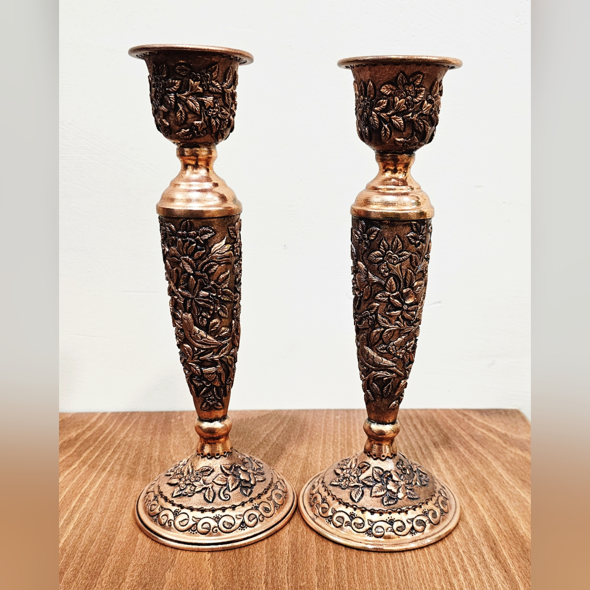 آینه و شمعدان مسی دستساز طرح گل و مرغ شیراز مدل gh