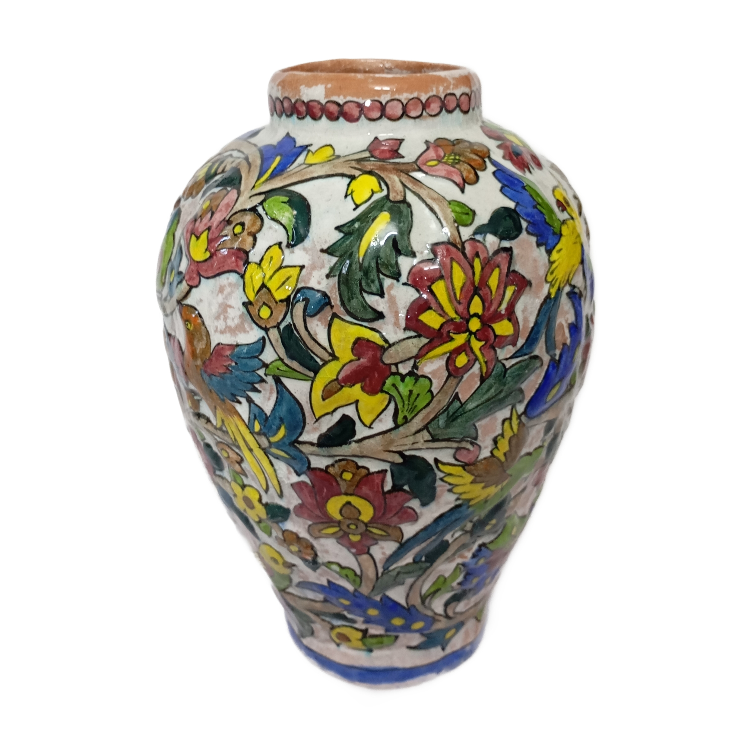 گلدان سفالی نقش برجسته طرح گل و مرغ کد 001