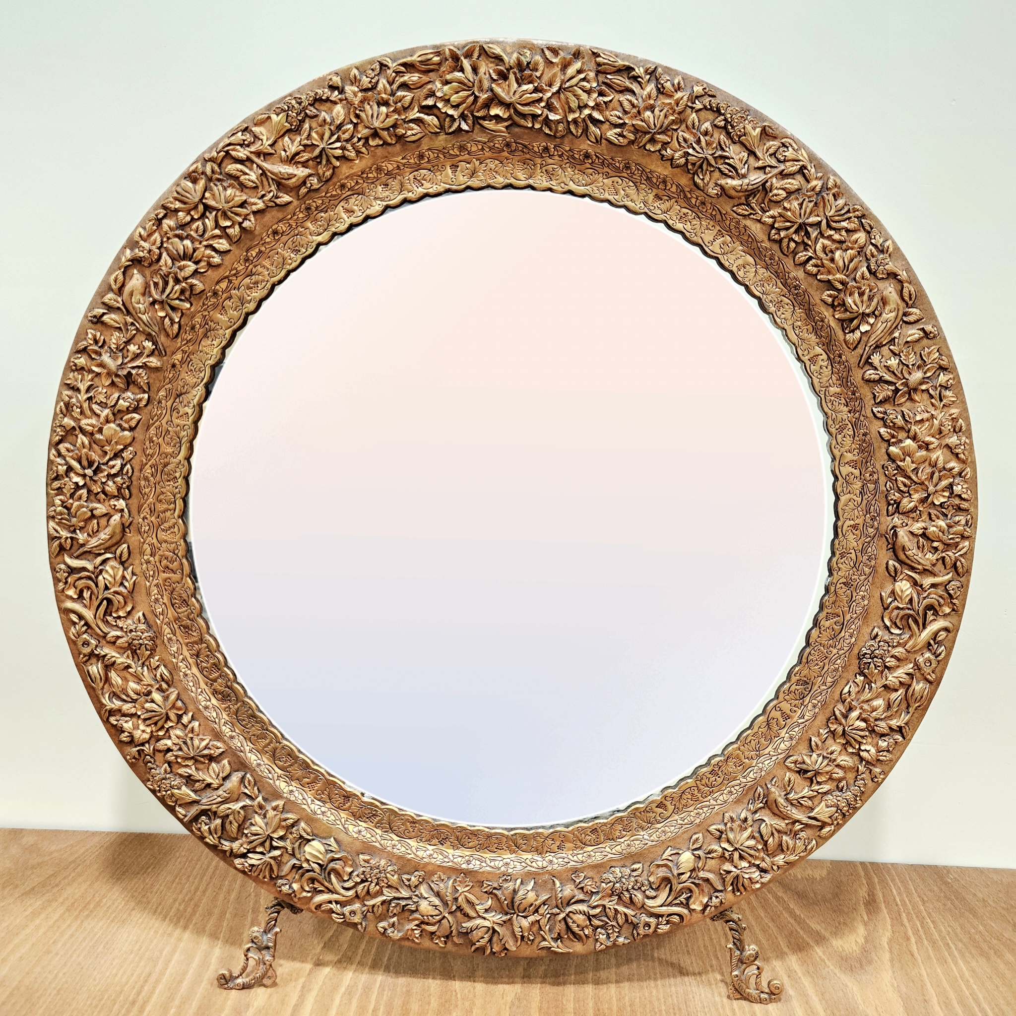 آینه و شمعدان مسی دستساز طرح گل و مرغ شیراز مدل gh