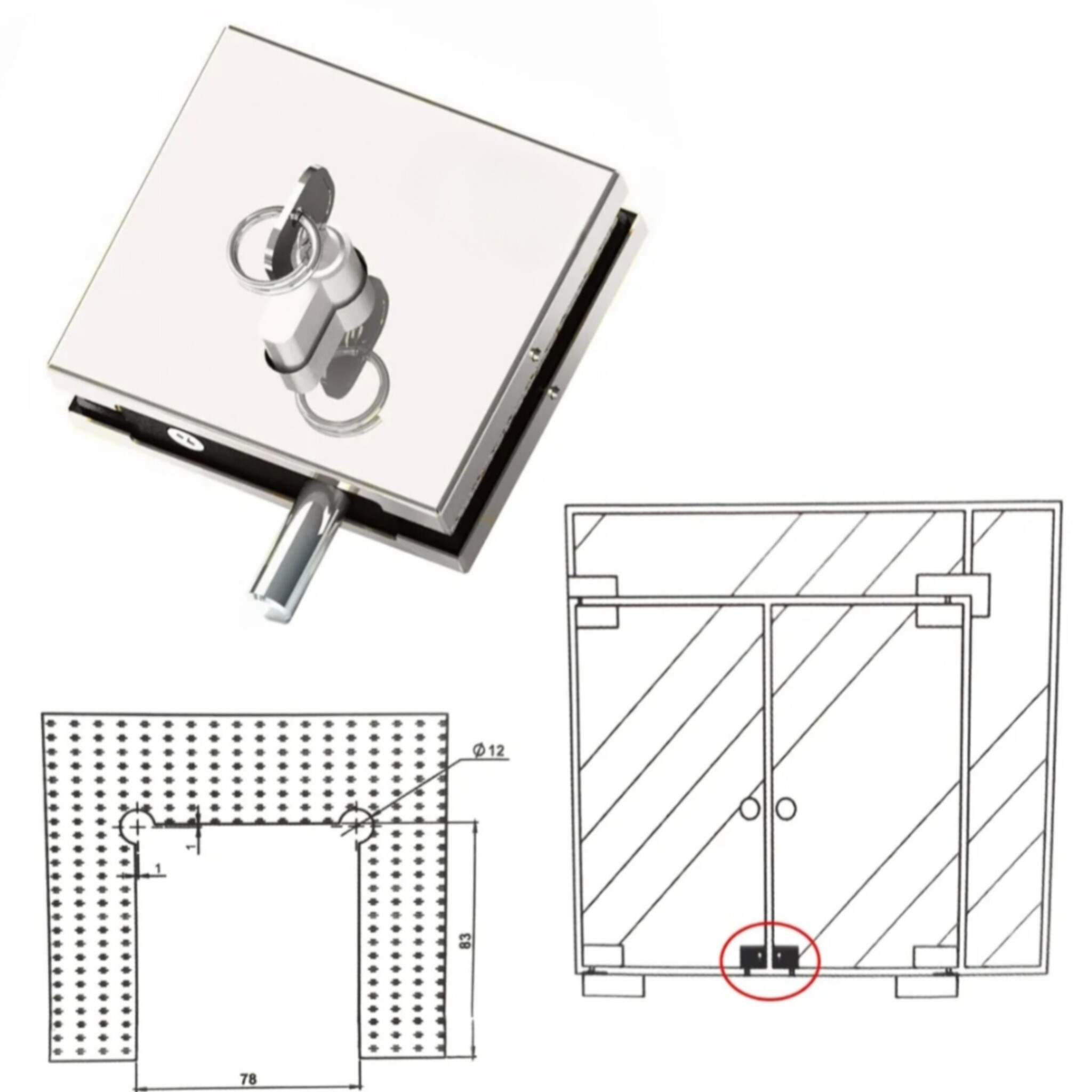 قفل درب شیشه ای مدل mm1
