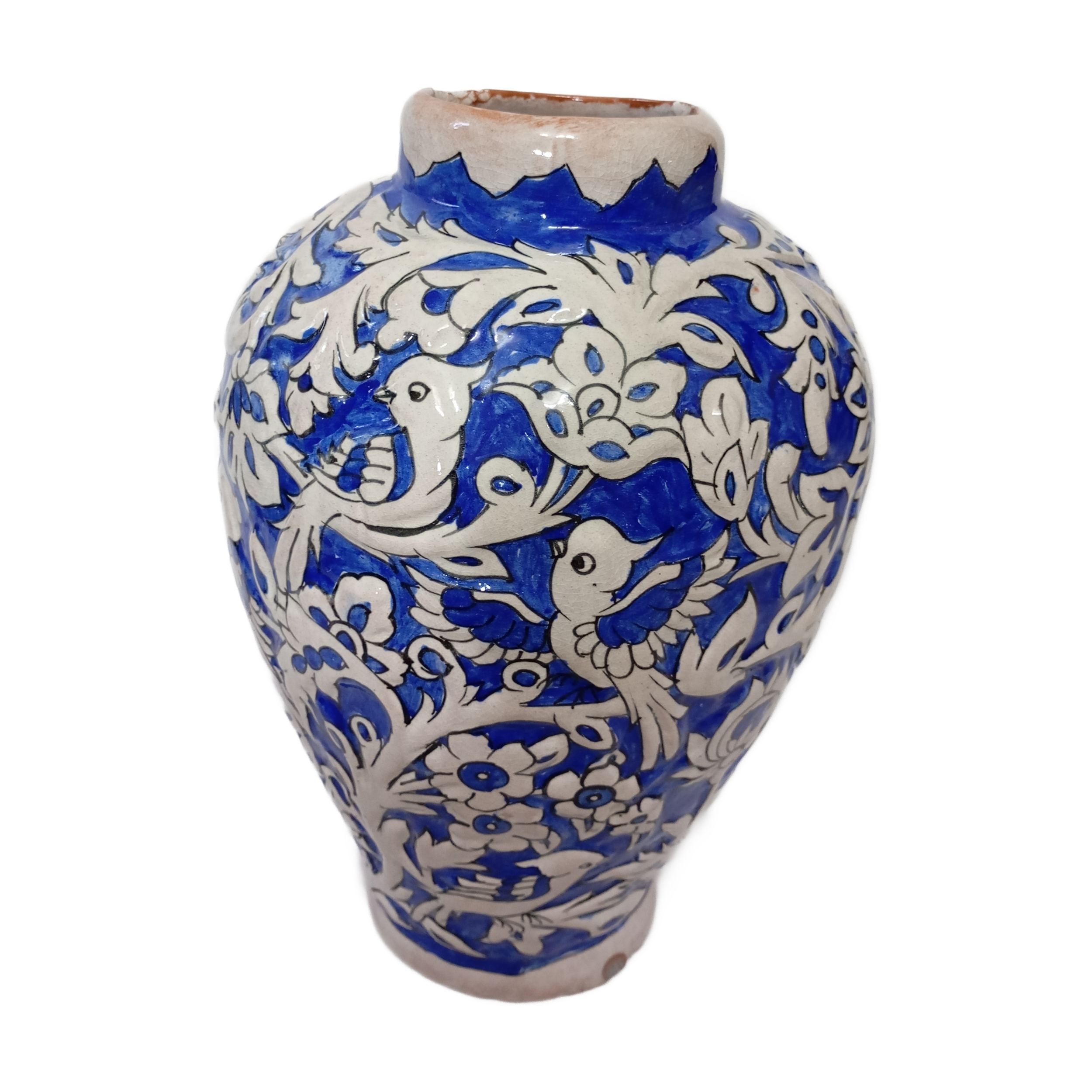 گلدان سفالی نقش برجسته طرح گل و مرغ کد 002