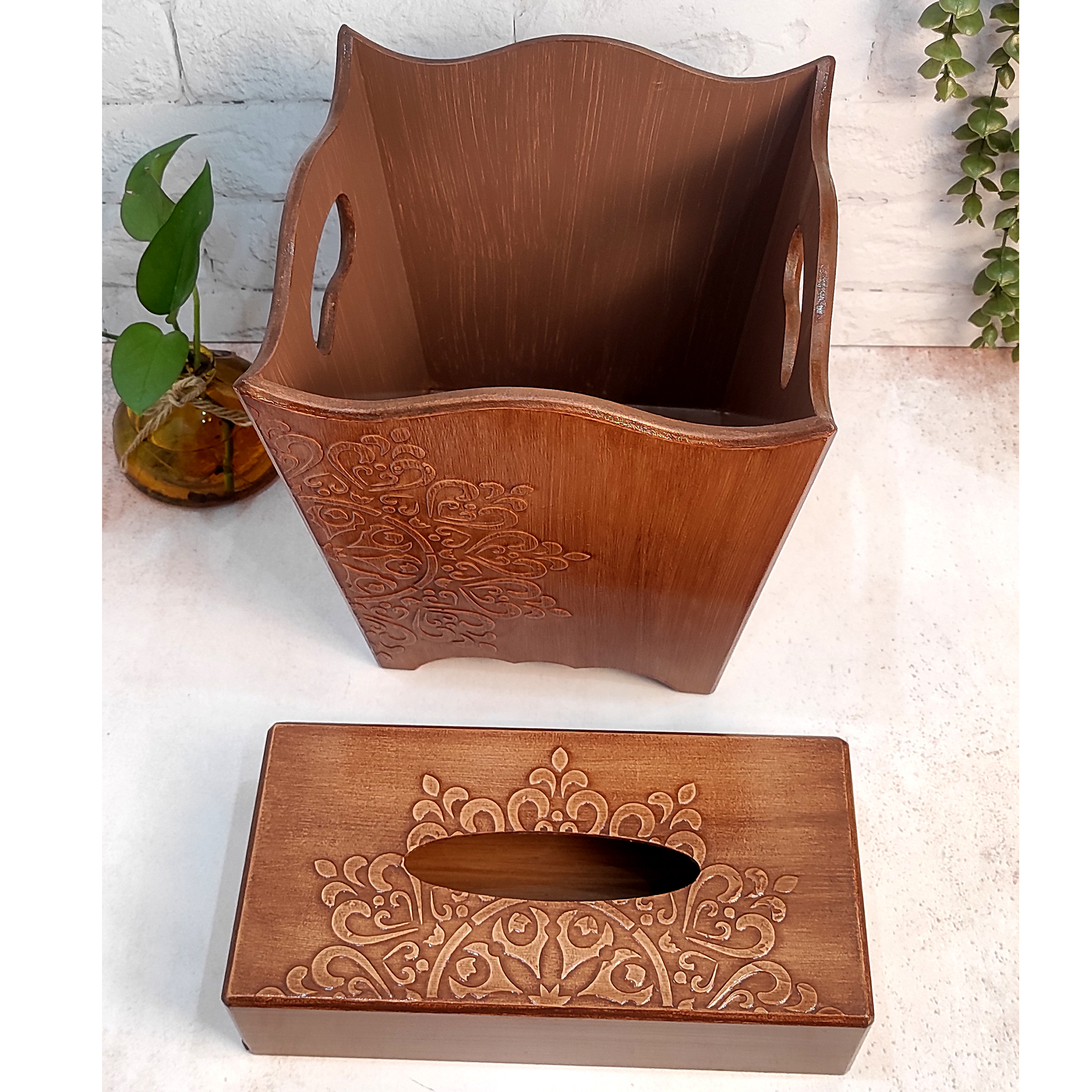 ست سطل و جعبه دستمال کاغذی طرح منبت