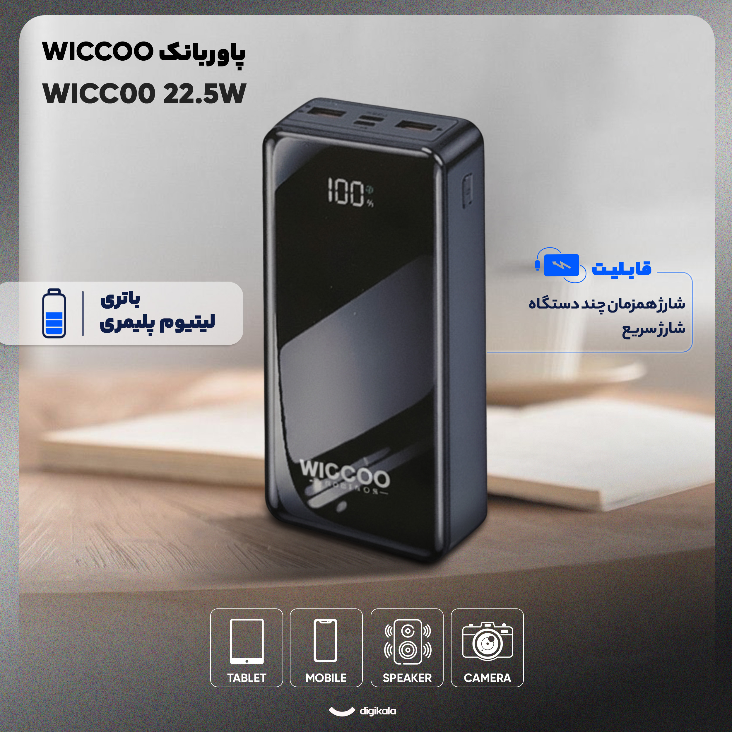پاوربانک 22.5 وات مدل WICC00 ظرفیت 30000 میلی آمپر ساعت