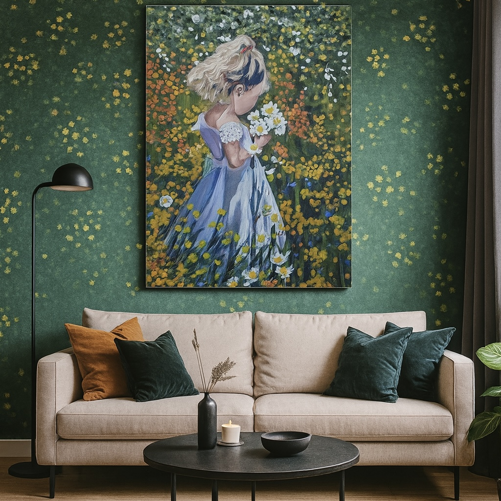 تابلو نقاشی رنگ روغن مدل دختربچه در باغ