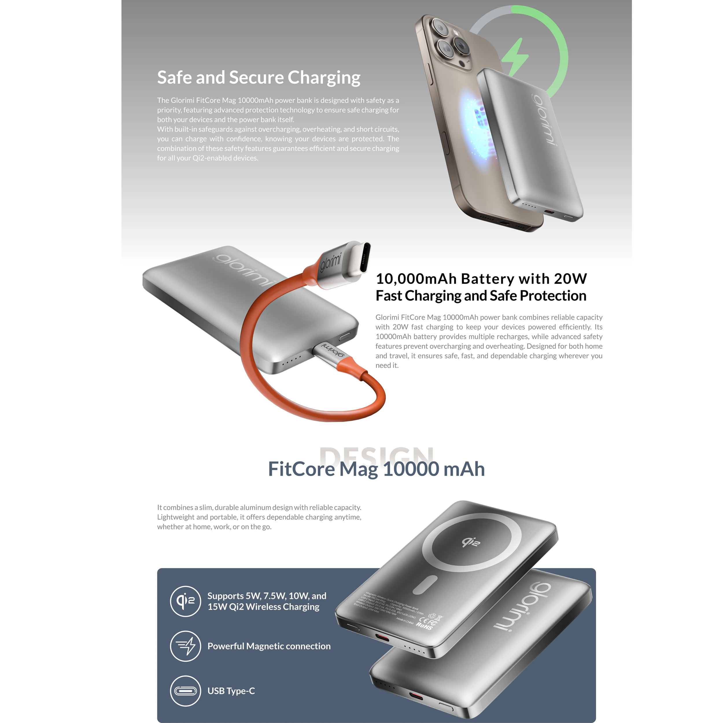 پاوربانک بی‌سیم 15وات گلوریمی مدل FitCore Mag ظرفیت 10000 میلی آمپر ساعت