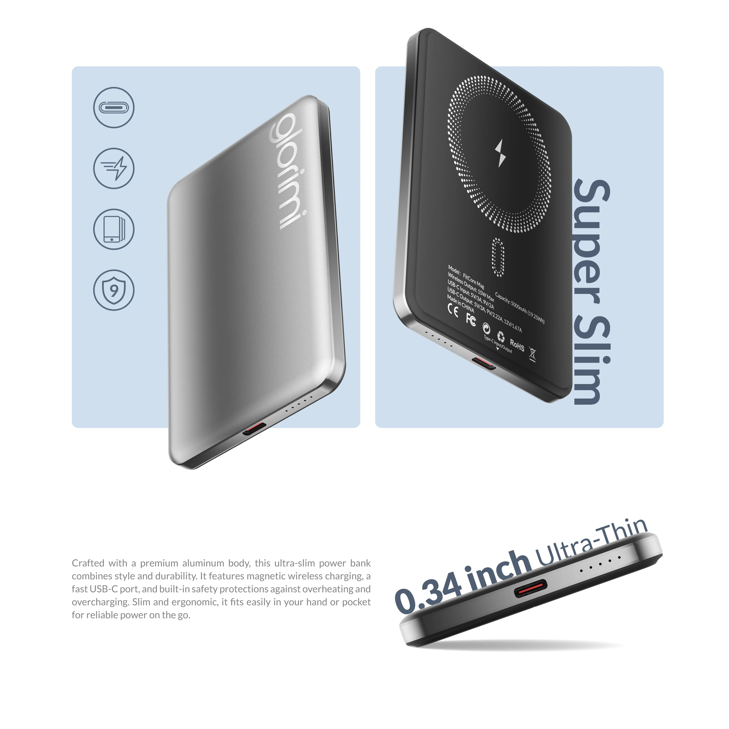 پاوربانک 20 وات گلوریمی مدل FitCore Mag ظرفیت 5000 میلی آمپر ساعت