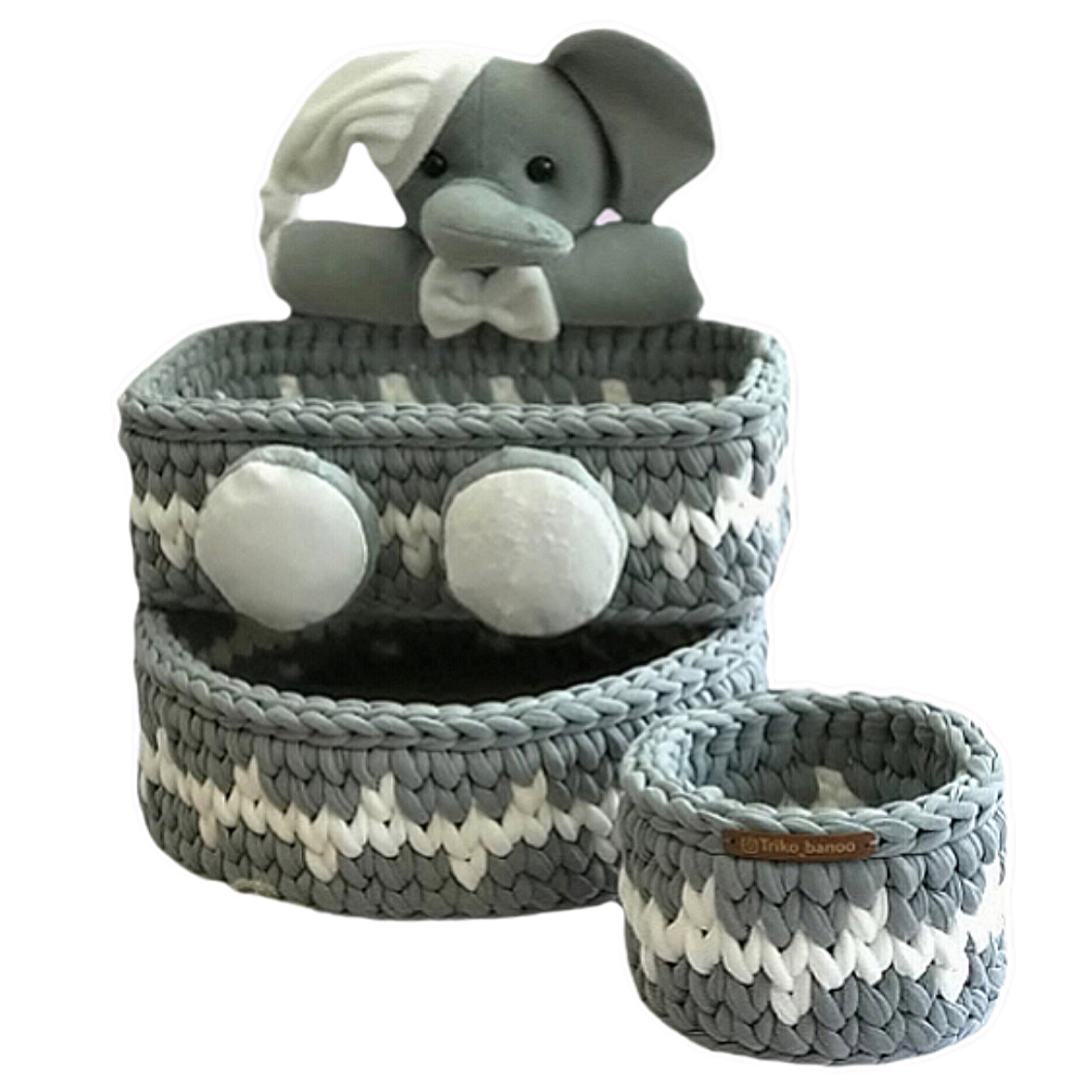 سبد قلاب بافی تریکو طرح فیل کد 2 مجموعه 3 عددی