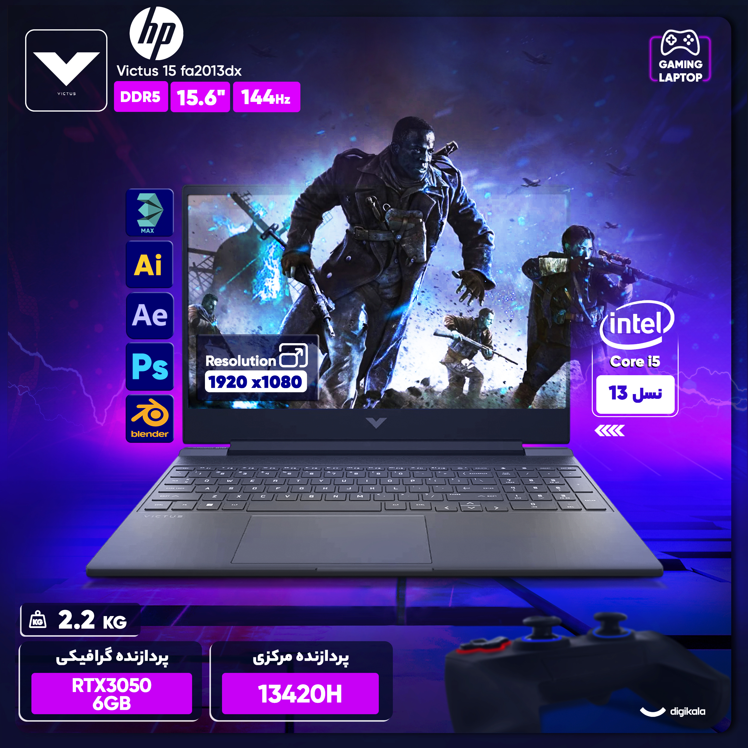 لپ تاپ 15.6 اینچی اچپی مدل Victus 15 fa2013dx-i5 13420H-16GB DDR4 3200MHz-512GB SSD-RTX3050 6GB-W - کاستوم شده