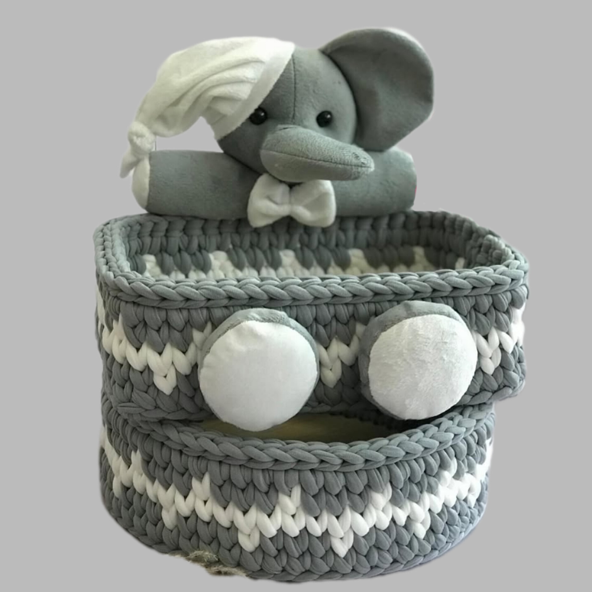 سبد قلاب بافی تریکو طرح فیل مجموعه 2 عددی