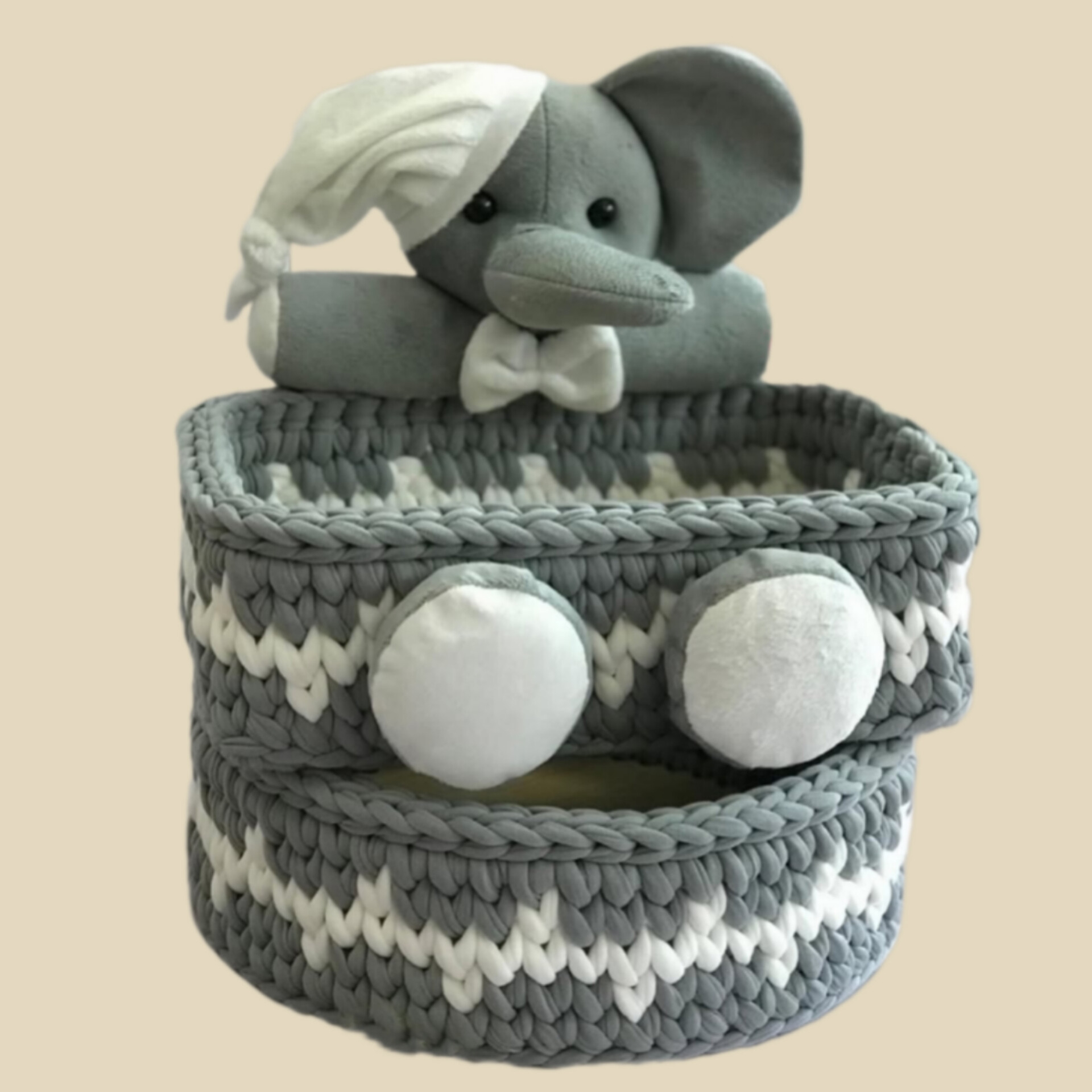 سبد قلاب بافی تریکو طرح فیل مجموعه 2 عددی