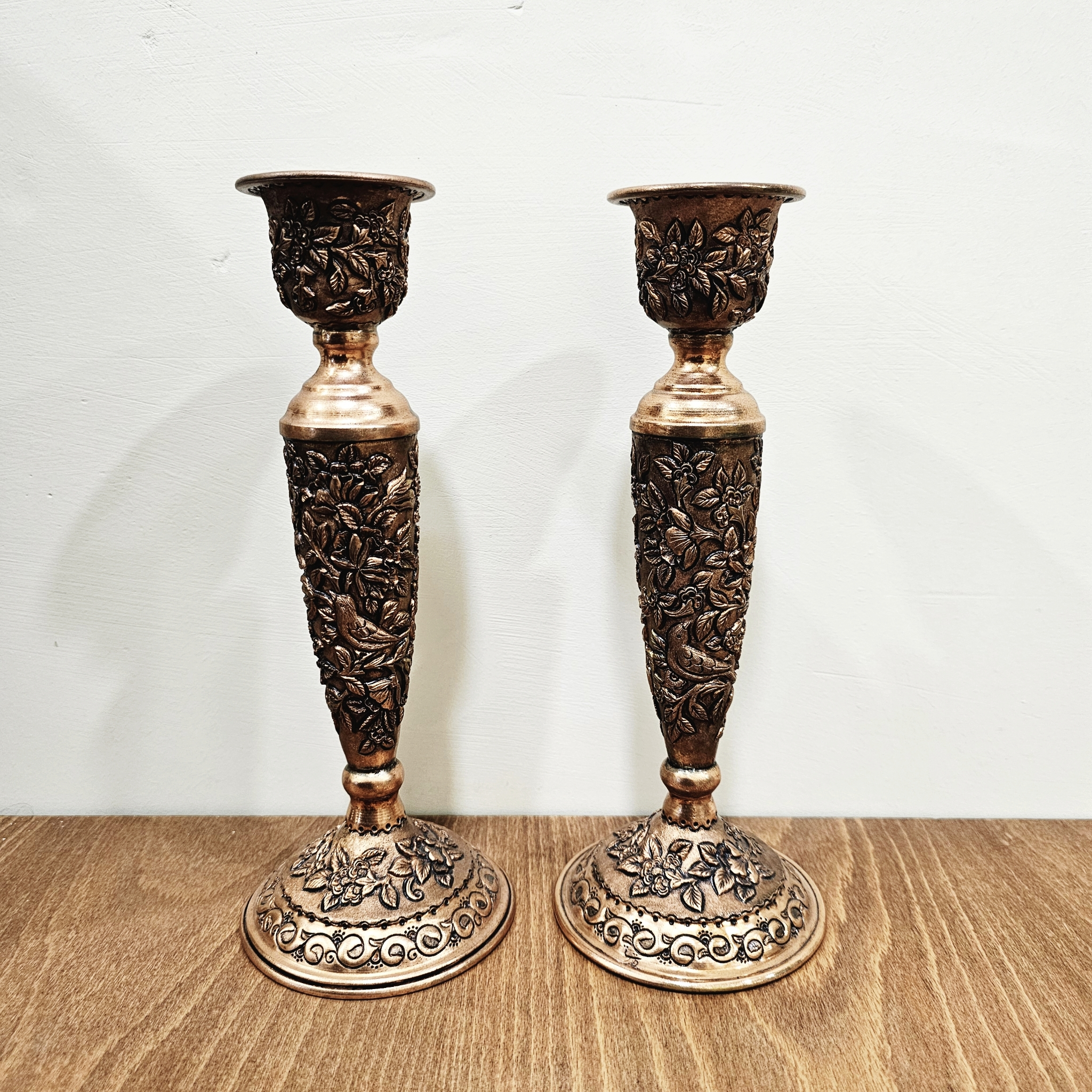 آینه و شمعدان مسی دستساز طرح گل و مرغ شیراز مدل gh