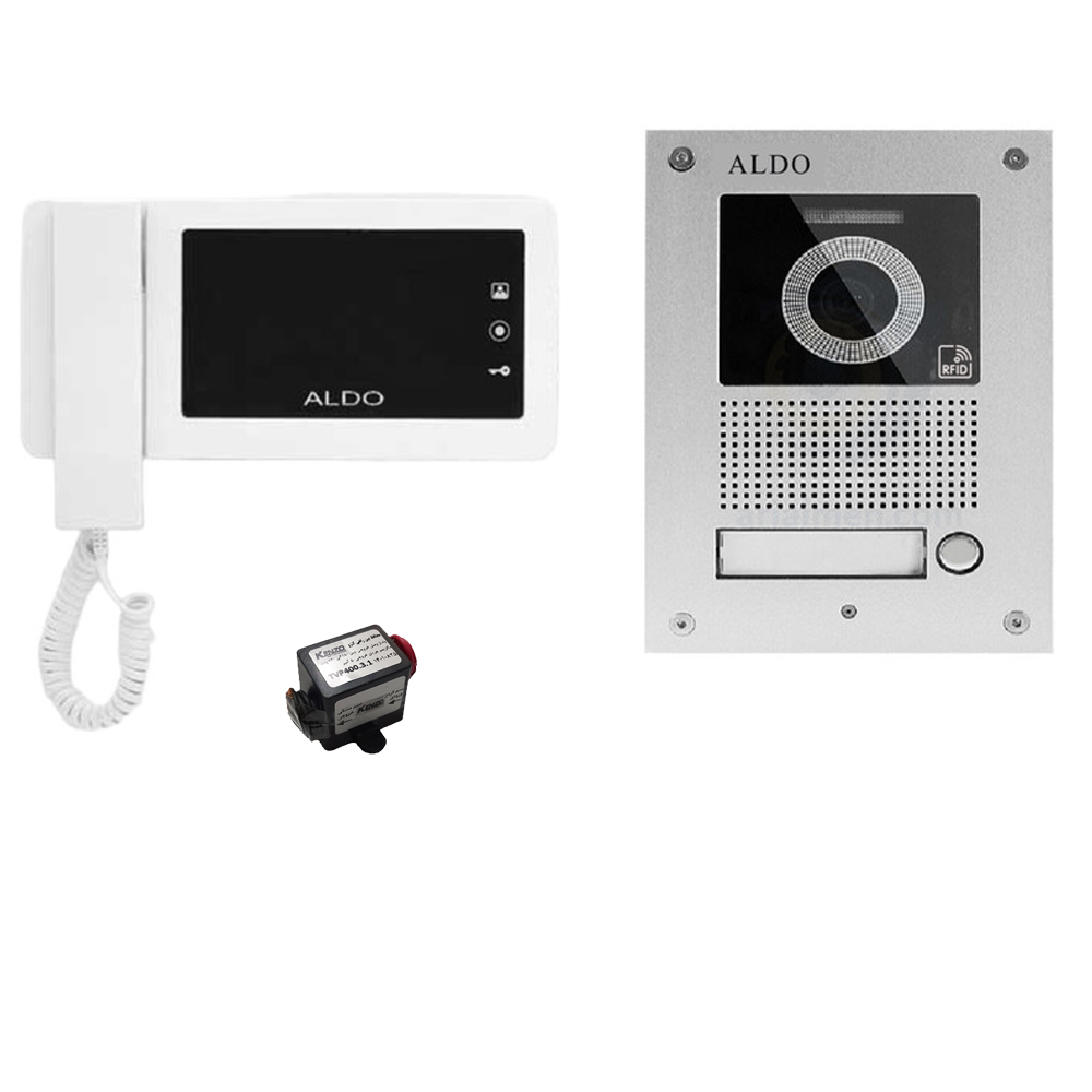 مجموعه دربازکن تصویری کارتی آلدو مدل 414m-4ucmrfid به همراه محافظ ولتاژ مانیتور