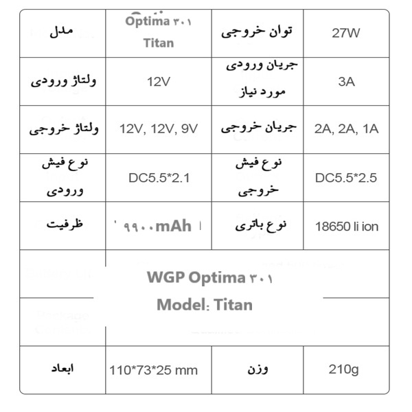 یو پی اس دبلیو جی پی مدل Optima 301 - Titan ظرفیت 9900 میلی آمپر ساعت