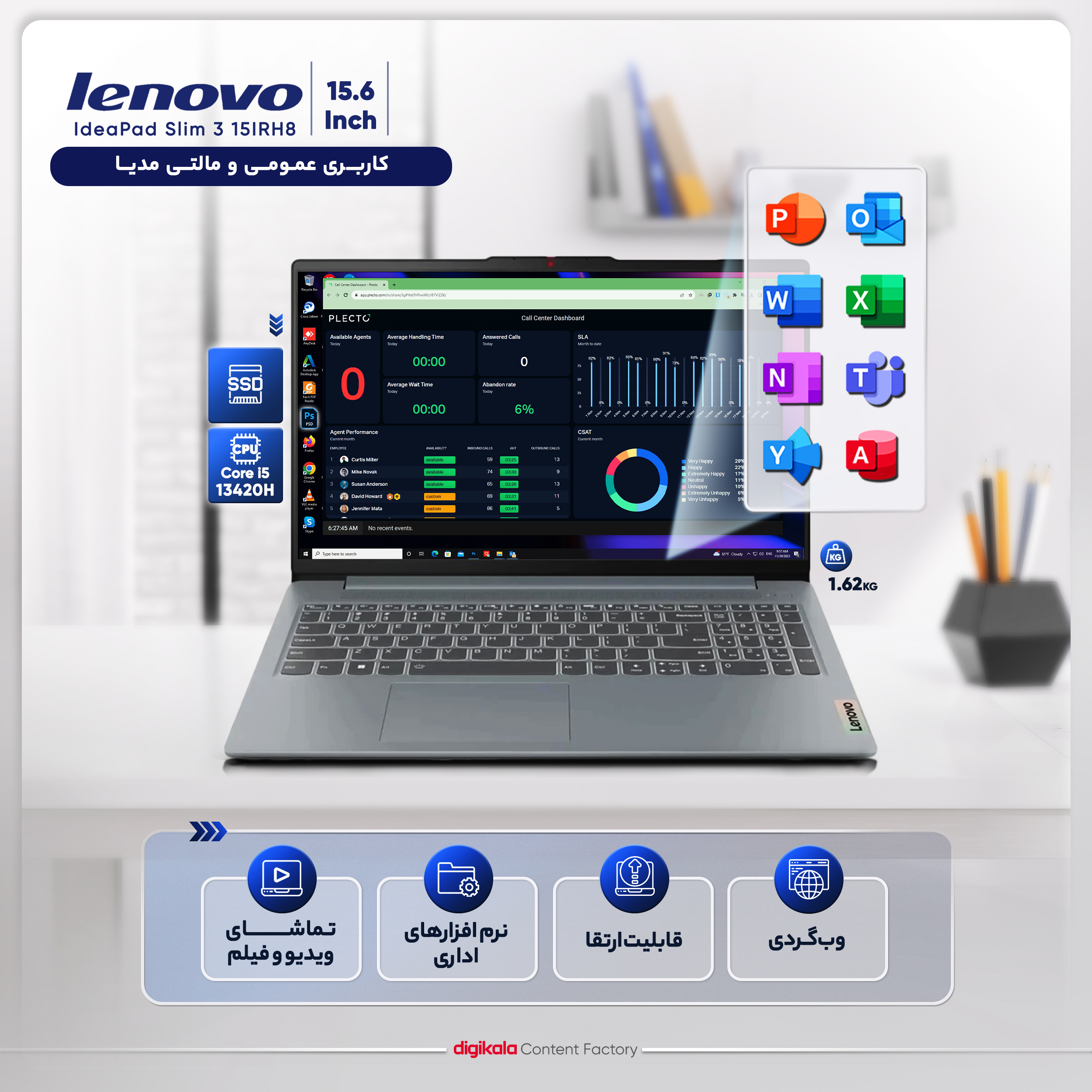 لپ تاپ 15.6 اینچی لنوو مدل IdeaPad Slim 3 15IRH8-i5 13420H-8GB LPDDR5-512GB SSD-IPS-W