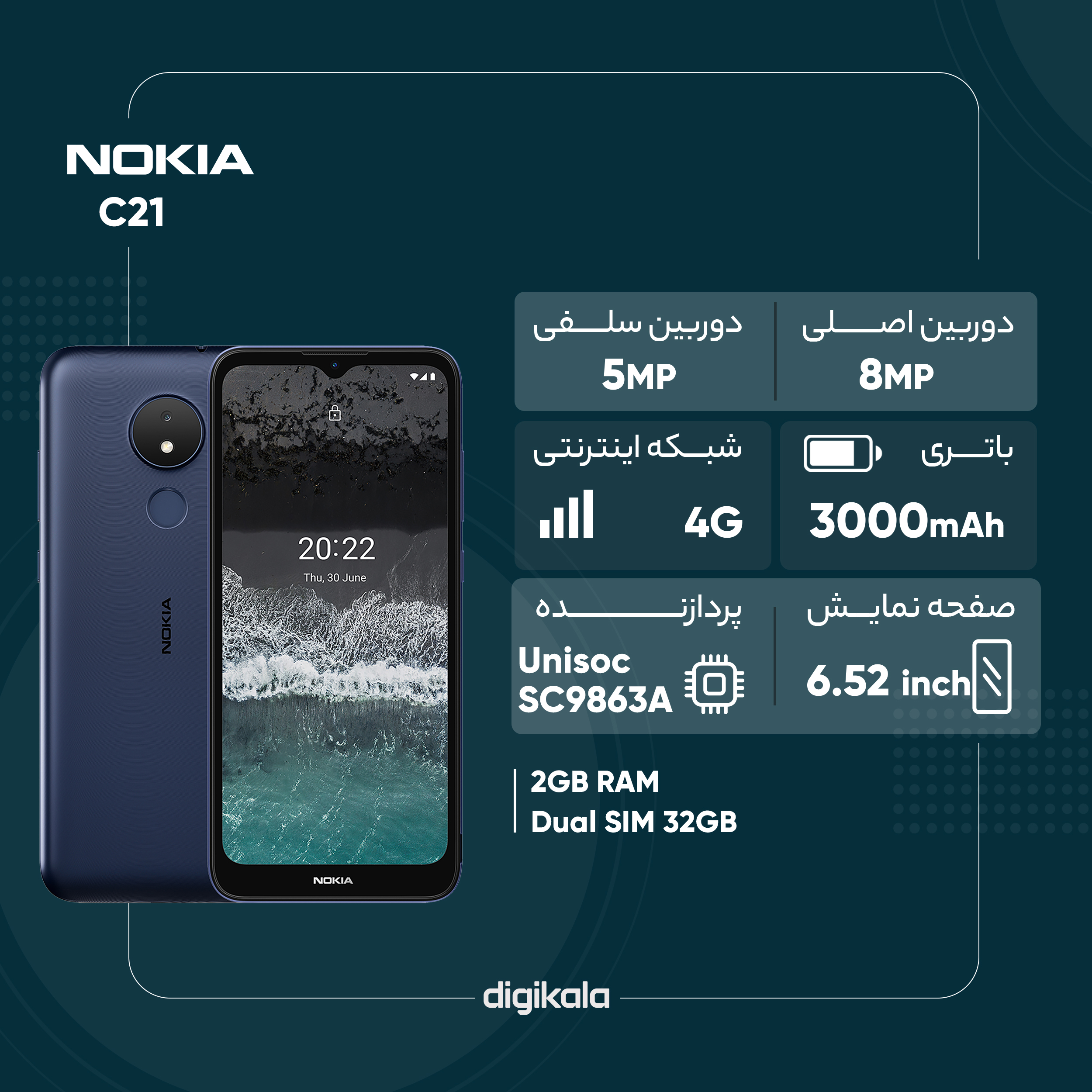 گوشی موبایل نوکیا مدل C21 TA-1352 دو سیم کارت ظرفیت 32 گیگابایت و رم 2 گیگابایت  - مونتاژ ایران تحت لیسانس نوکیا